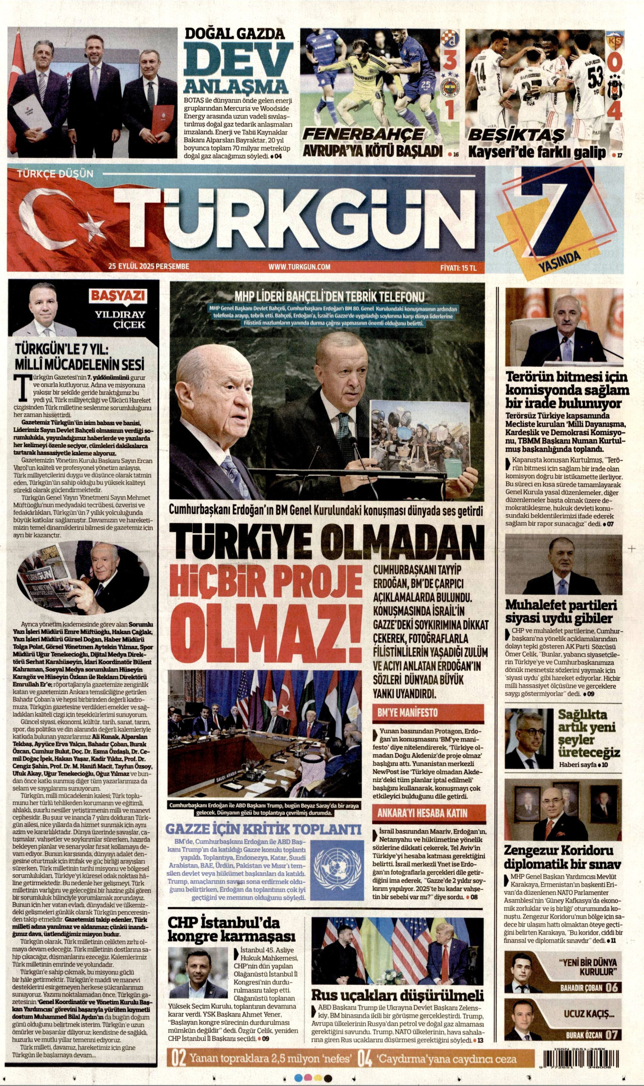 TÜRKGÜN gazetesinin 25 Eylül 2025 tarihli birinci sayfası