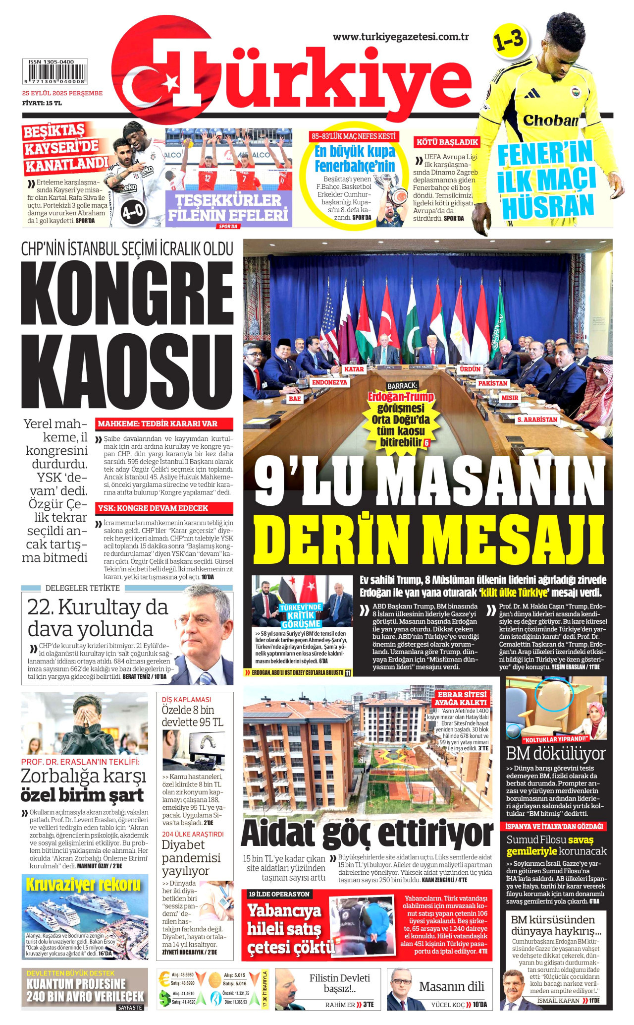 TÜRKİYE GAZETESİ gazetesinin 25 Eylül 2025 tarihli birinci sayfası