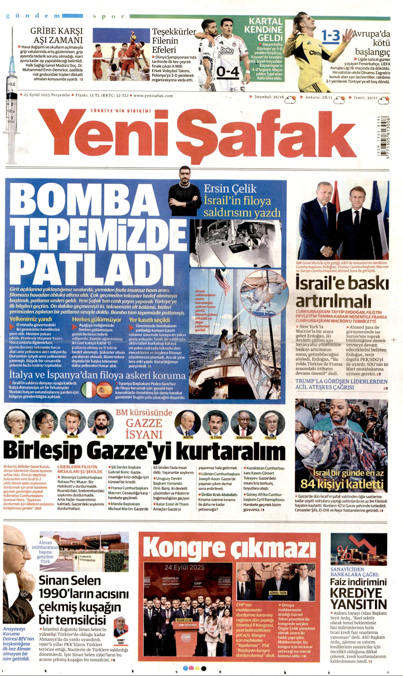 YENİ ŞAFAK gazetesinin 25 Eylül 2025 tarihli birinci sayfası