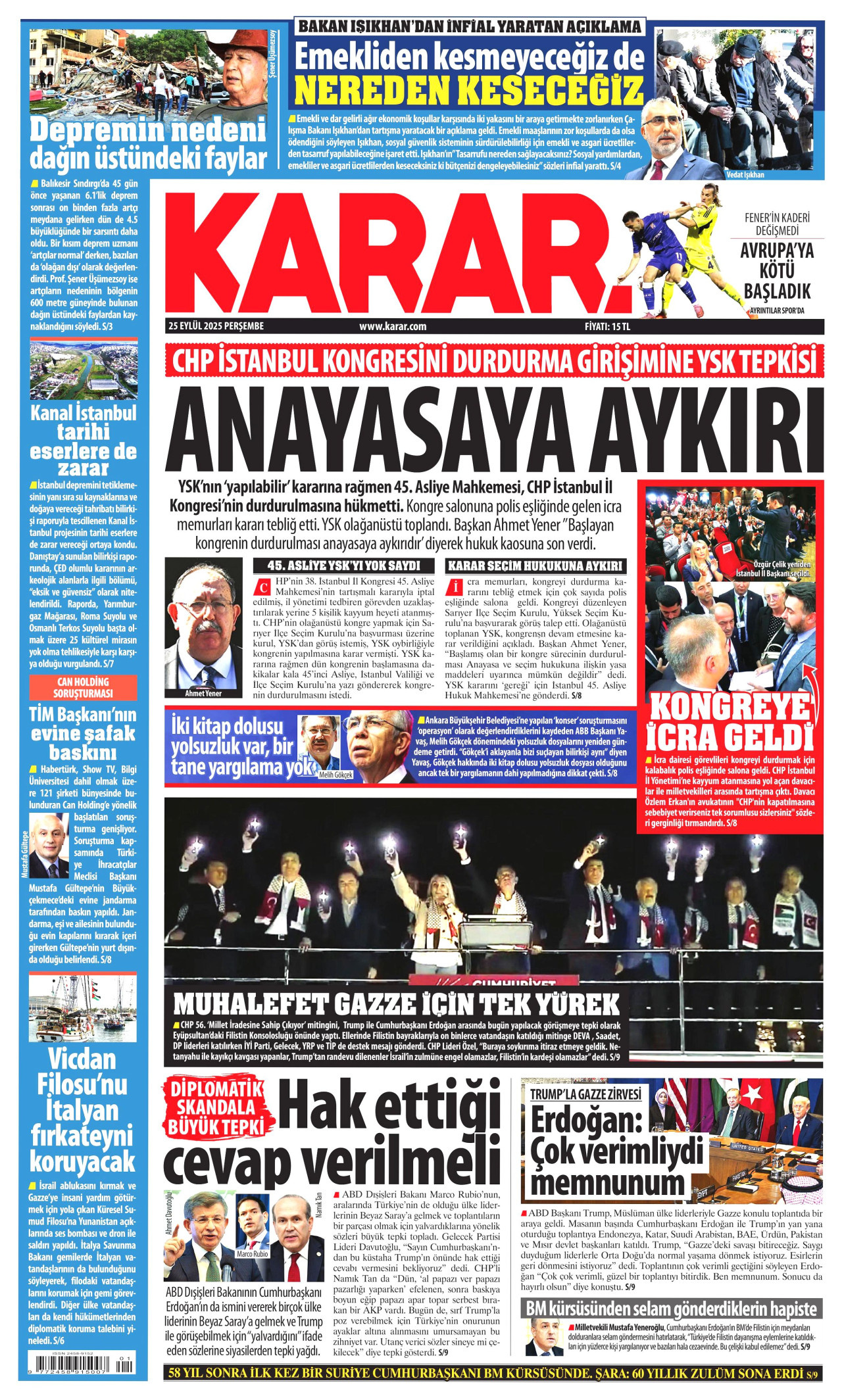 KARAR gazetesinin 25 Eylül 2025 tarihli birinci sayfası
