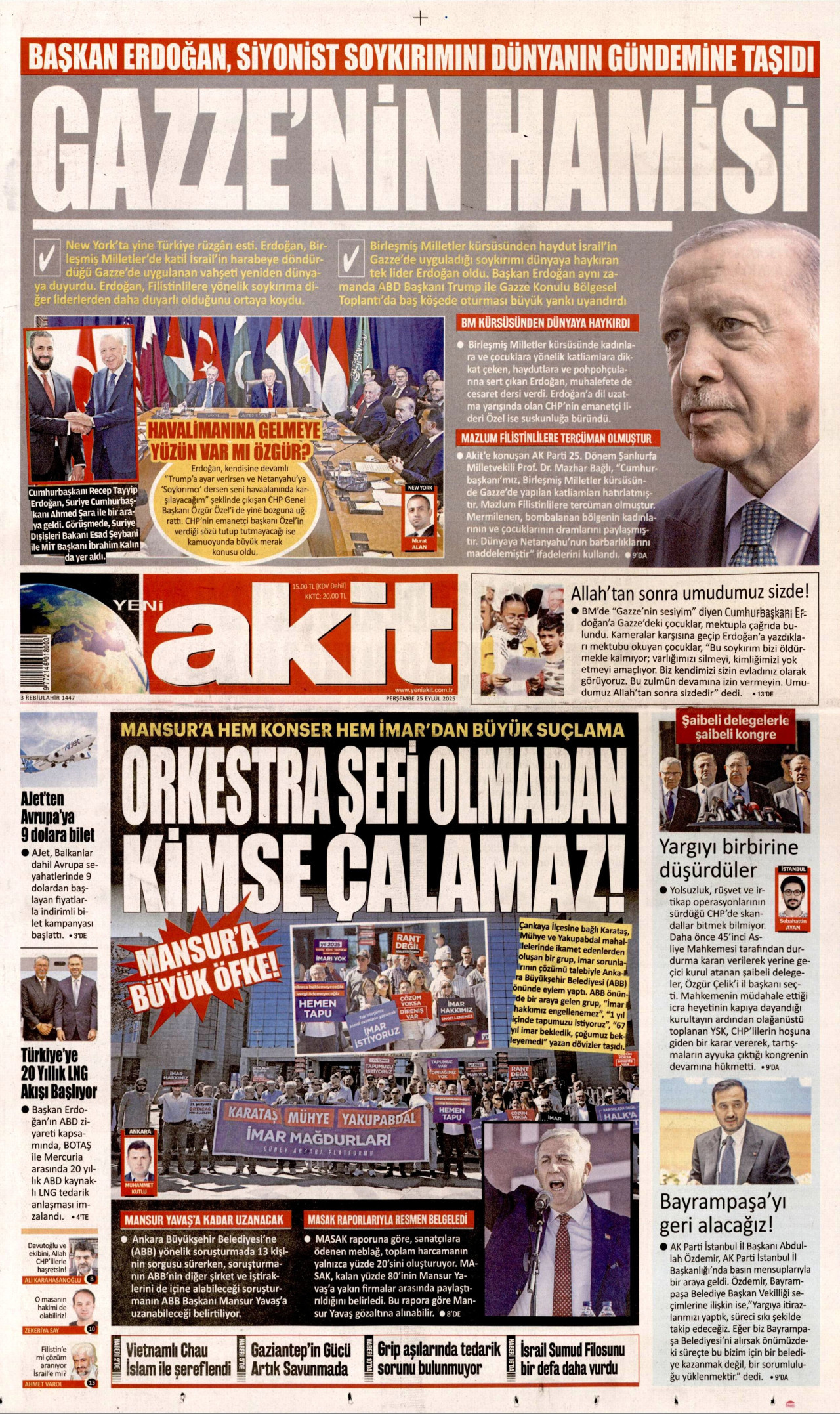 YENİ AKİT gazetesinin 25 Eylül 2025 tarihli birinci sayfası
