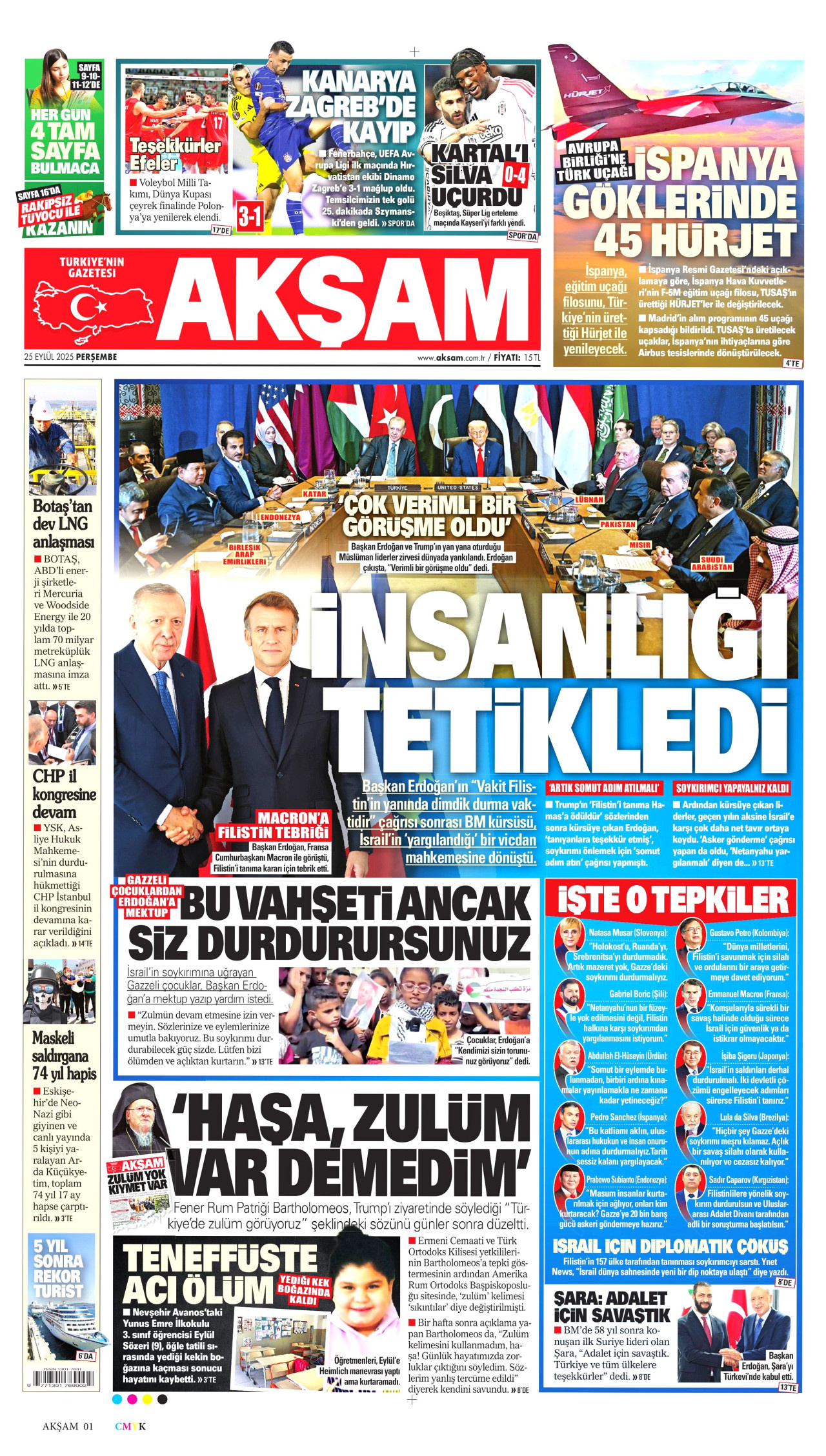 AKŞAM gazetesinin 25 Eylül 2025 tarihli birinci sayfası