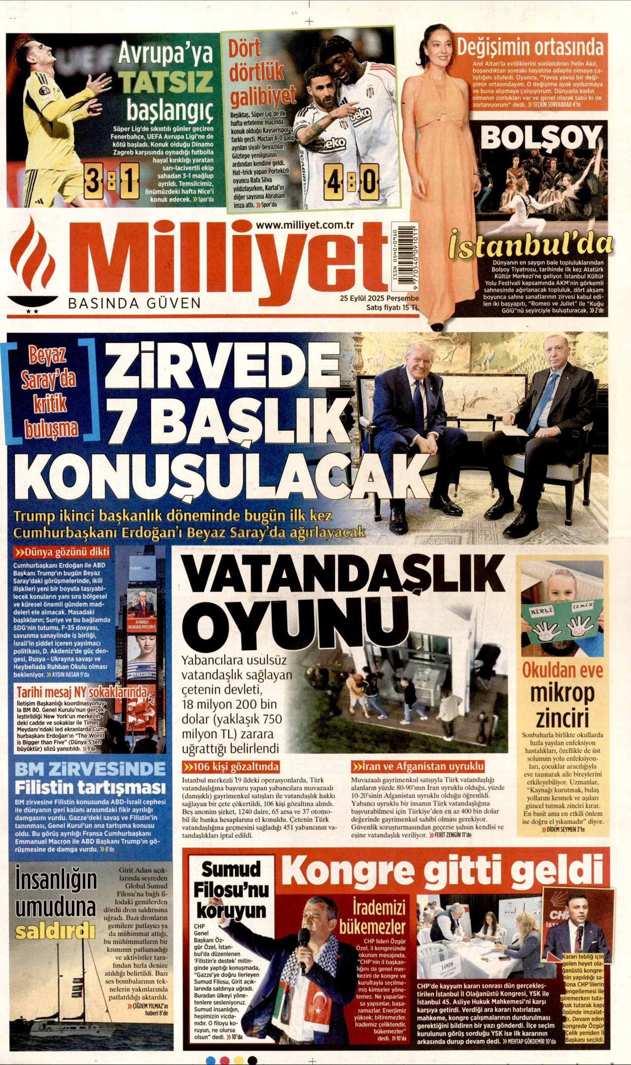 MİLLİYET gazetesinin 25 Eylül 2025 tarihli birinci sayfası