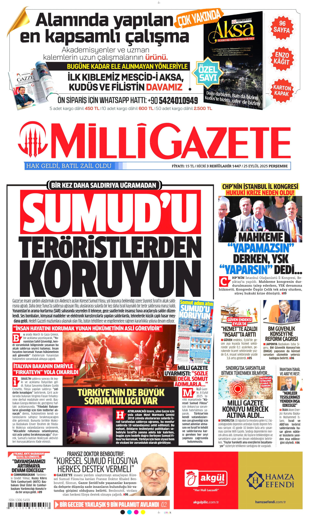 MİLLİ GAZETE gazetesinin 25 Eylül 2025 tarihli birinci sayfası