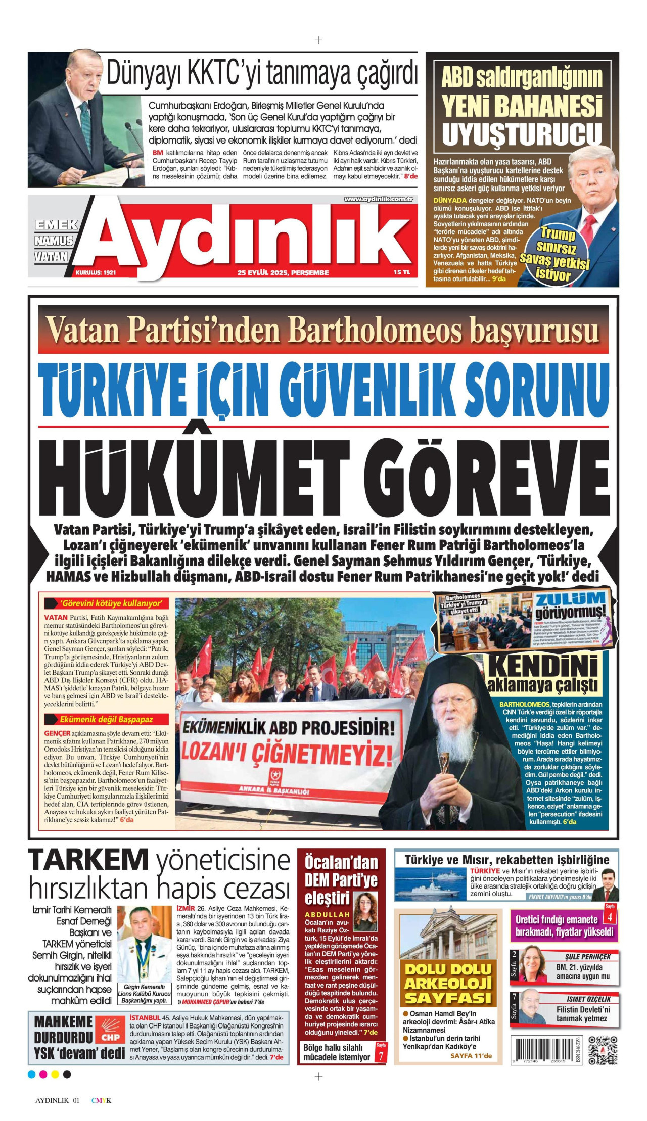 AYDINLIK GAZETESİ gazetesinin 25 Eylül 2025 tarihli birinci sayfası