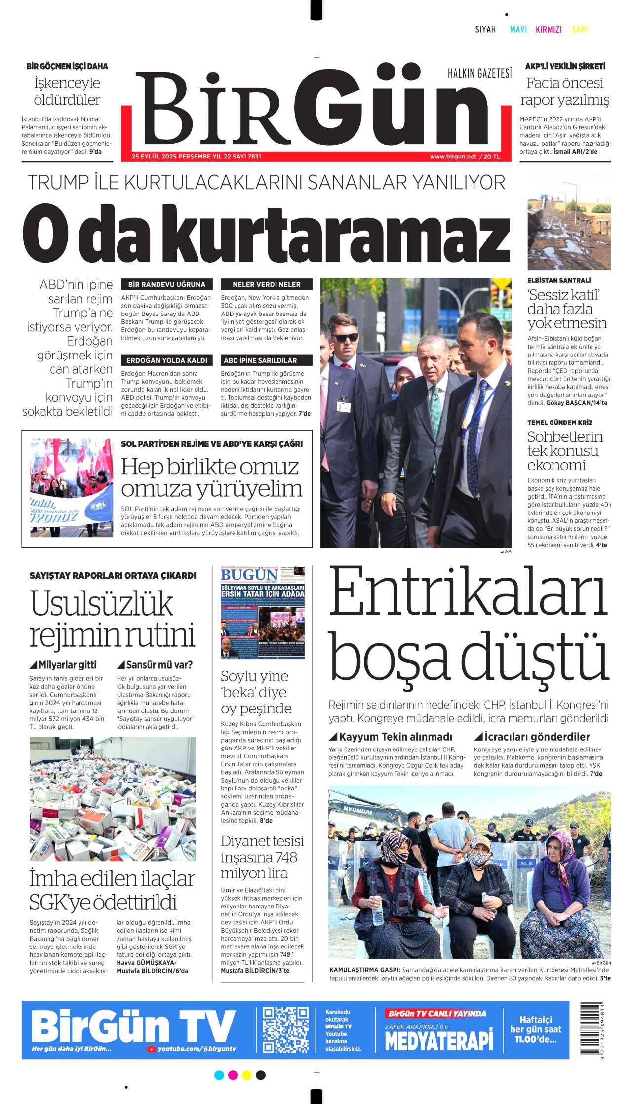 BİRGÜN gazetesinin 25 Eylül 2025 tarihli birinci sayfası