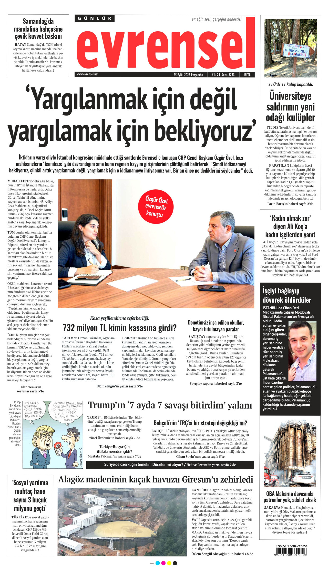 EVRENSEL gazetesinin 25 Eylül 2025 tarihli birinci sayfası
