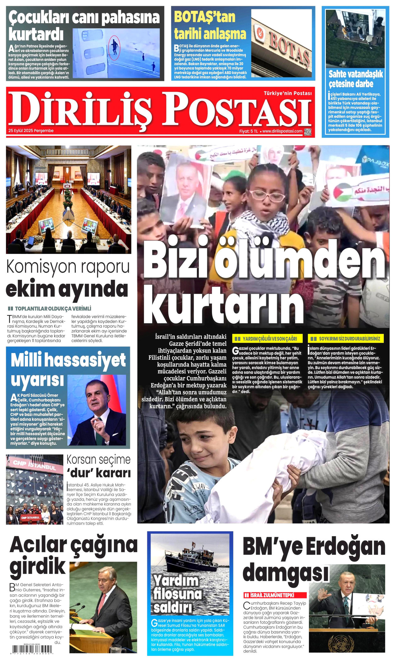 DİRİLİŞ POSTASI gazetesinin 25 Eylül 2025 tarihli birinci sayfası