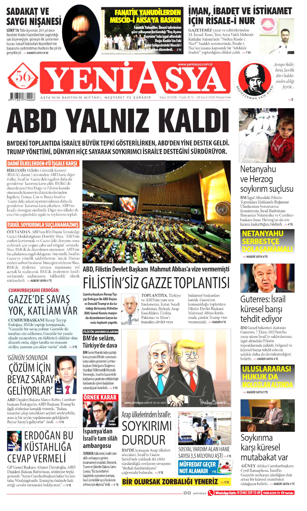 YENİ ASYA gazetesinin 25 Eylül 2025 tarihli birinci sayfası