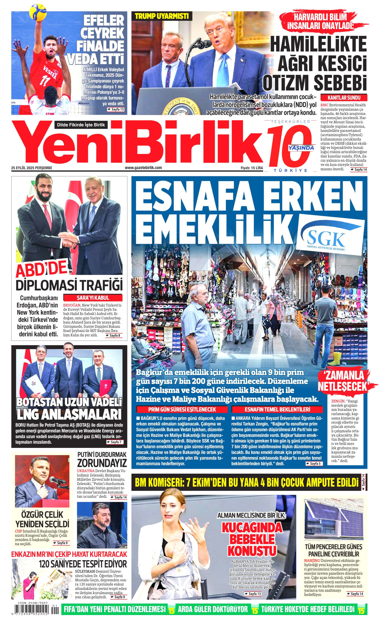 YENİBİRLİK gazetesinin 25 Eylül 2025 tarihli birinci sayfası