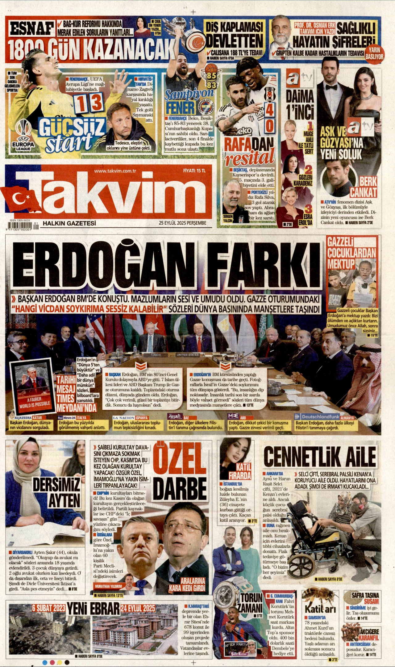 TAKVİM gazetesinin 25 Eylül 2025 tarihli birinci sayfası