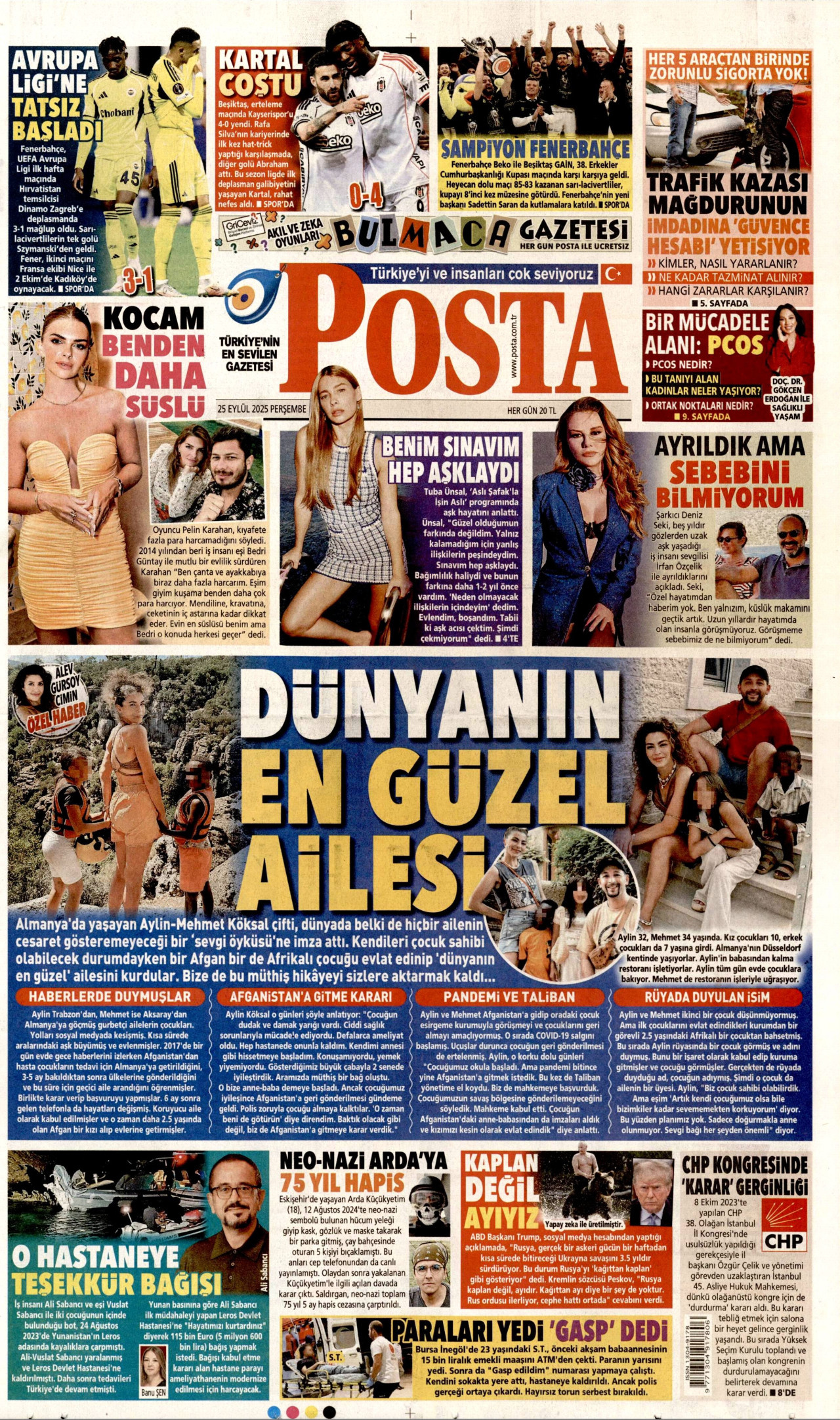 POSTA gazetesinin 25 Eylül 2025 tarihli birinci sayfası