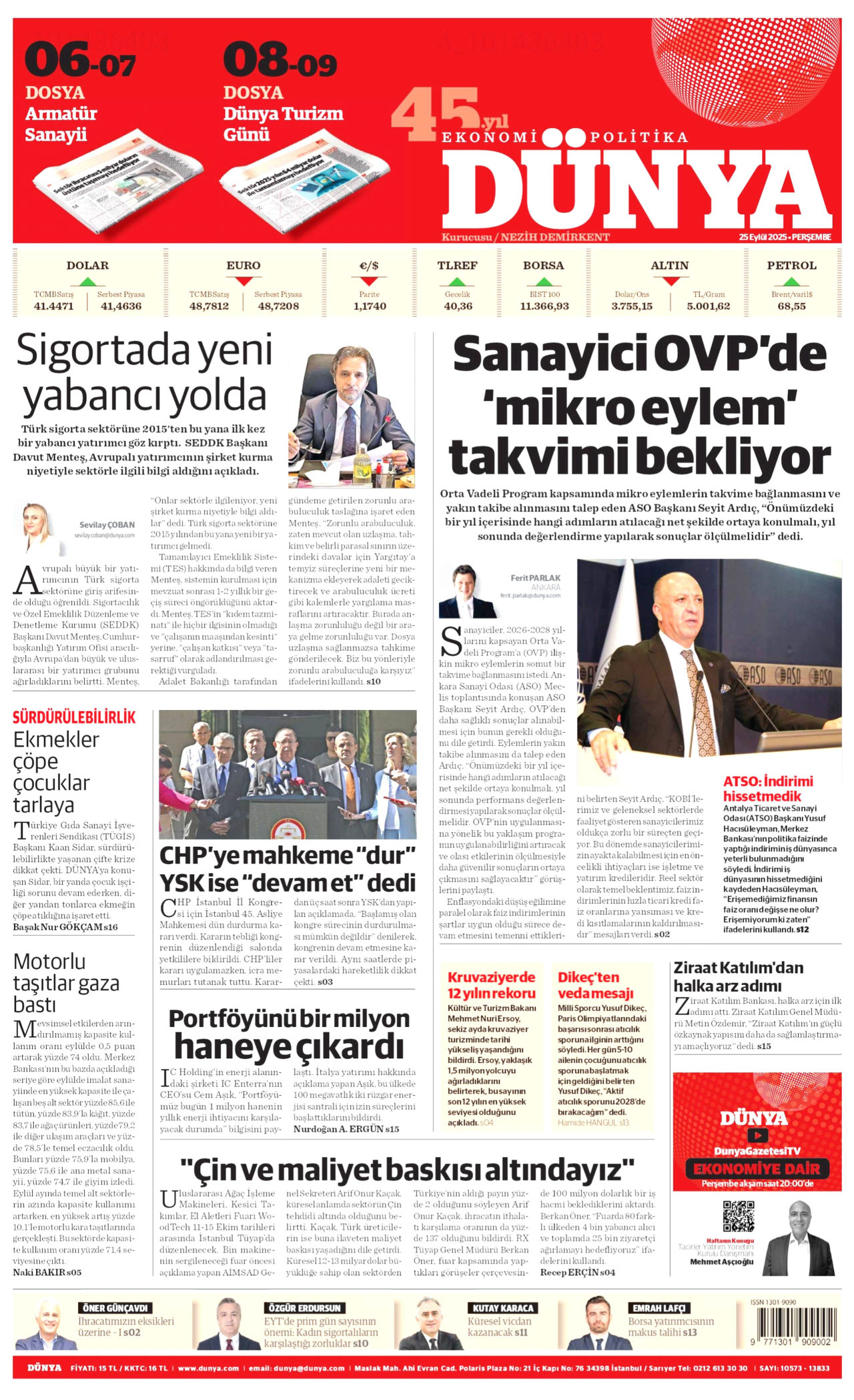 DÜNYA gazetesinin 25 Eylül 2025 tarihli birinci sayfası