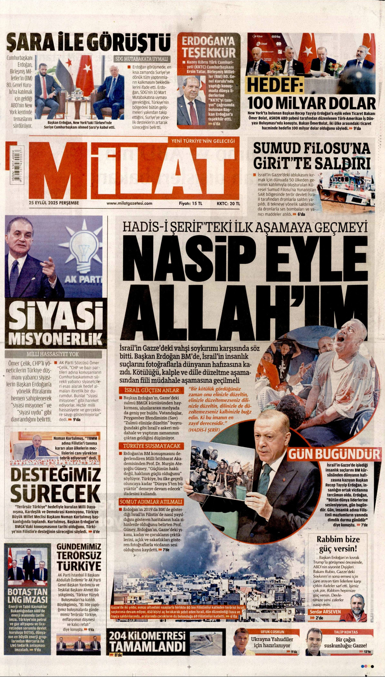 MİLAT gazetesinin 25 Eylül 2025 tarihli birinci sayfası