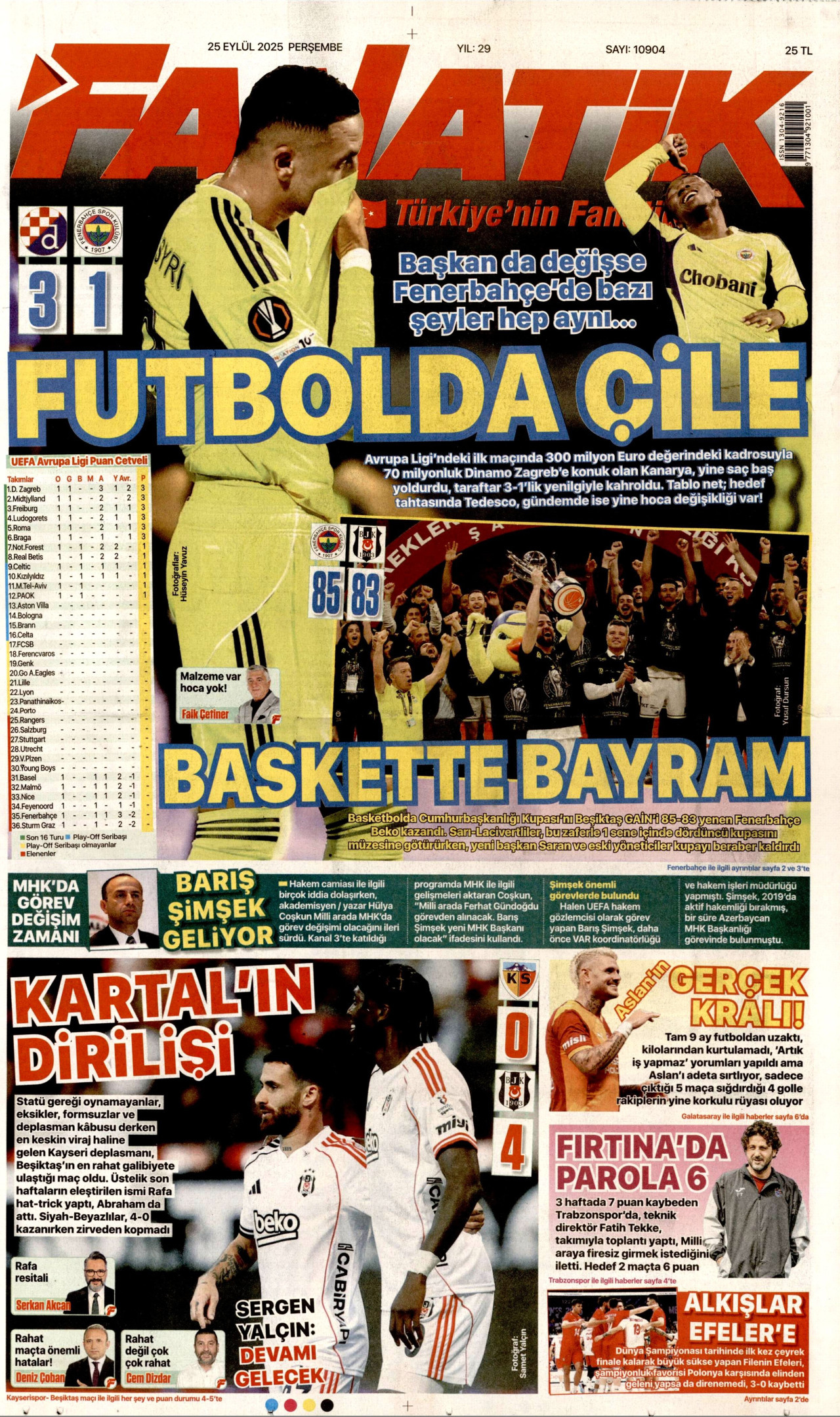 FANATİK gazetesinin 25 Eylül 2025 tarihli birinci sayfası