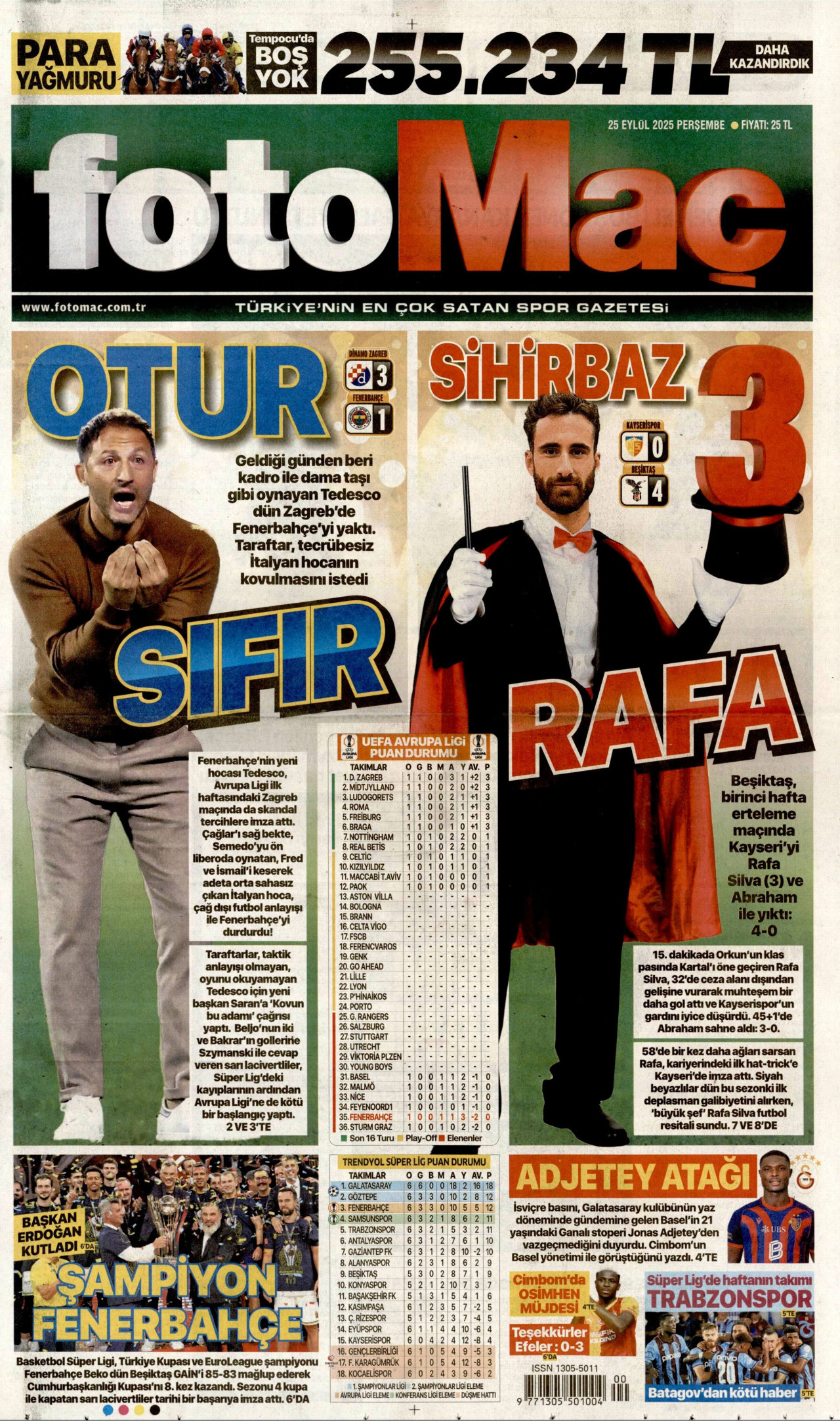 FOTOMAÇ gazetesinin 25 Eylül 2025 tarihli birinci sayfası