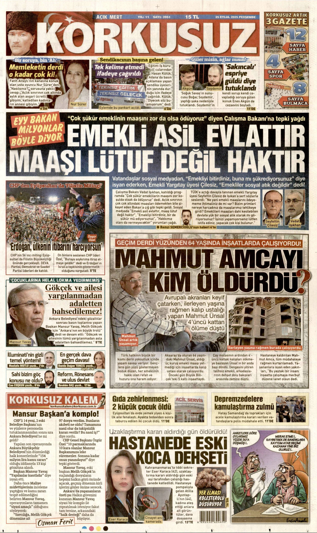 KORKUSUZ gazetesinin 25 Eylül 2025 tarihli birinci sayfası