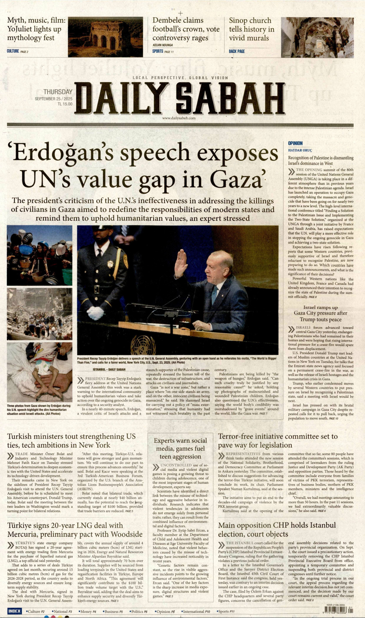 DAİLY SABAH gazetesinin 25 Eylül 2025 tarihli birinci sayfası