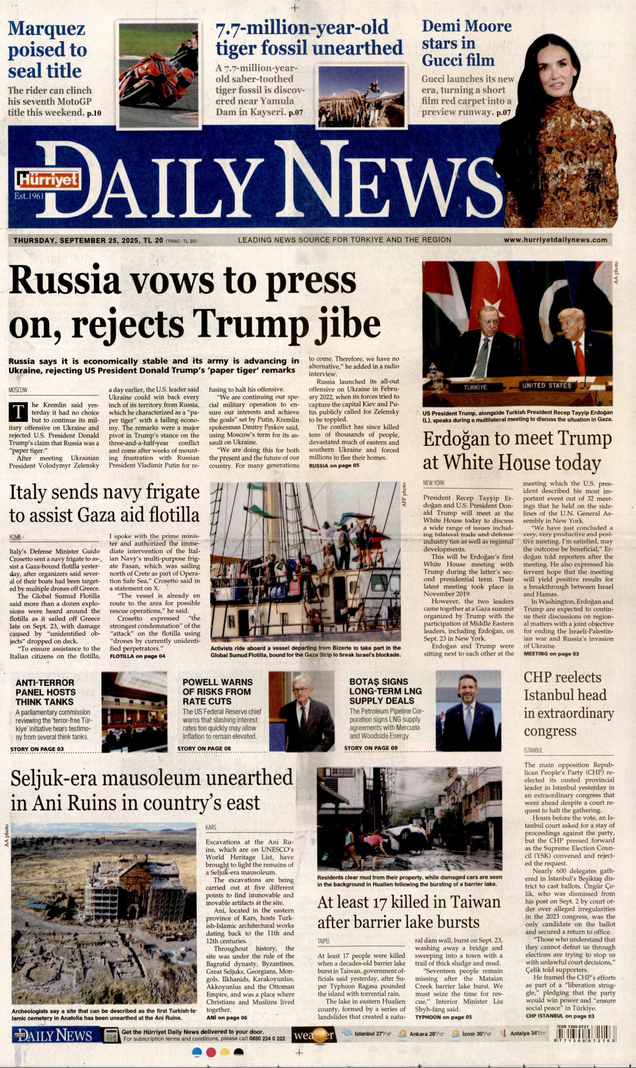 HÜRRİYET DAİLY NEWS gazetesinin 25 Eylül 2025 tarihli birinci sayfası