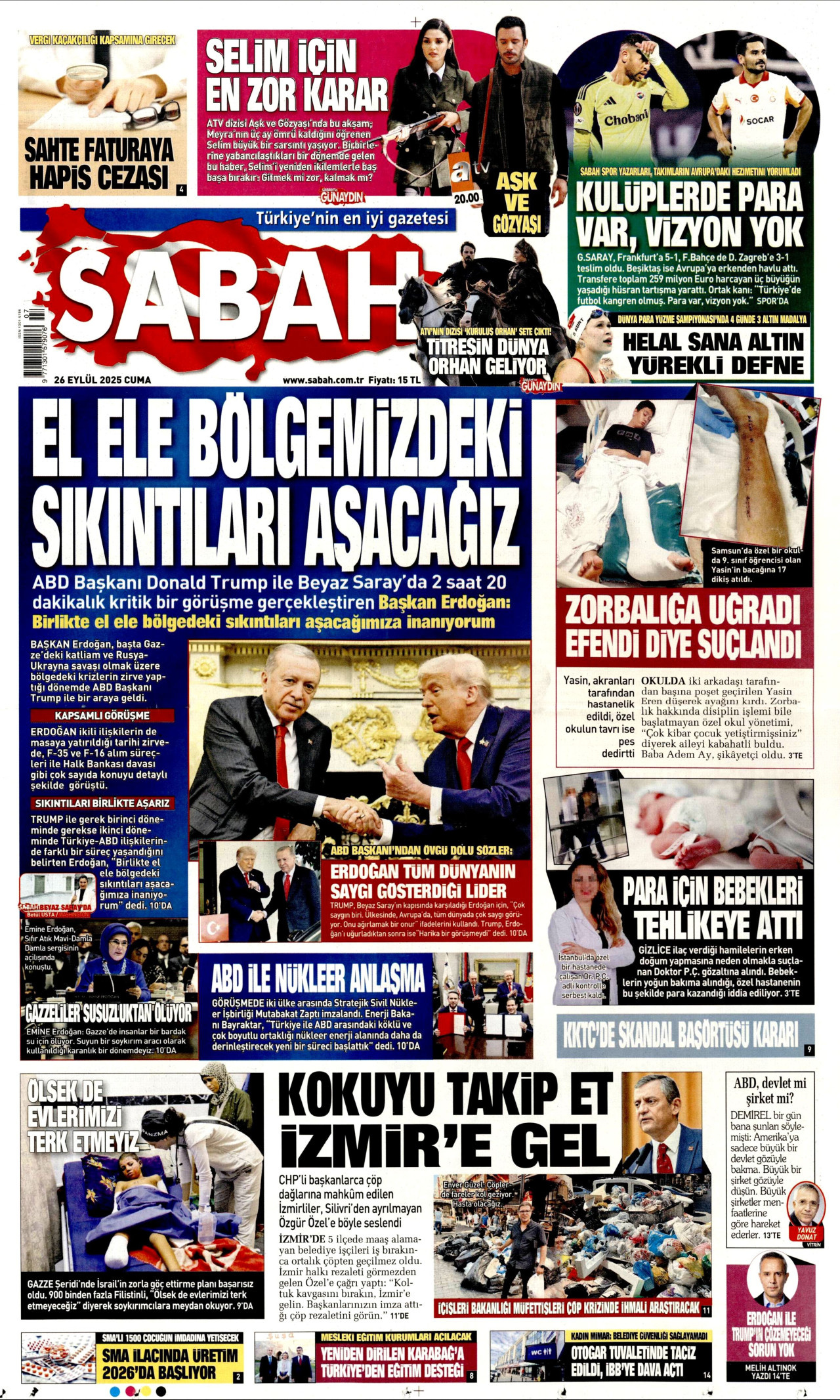 SABAH gazetesinin 26 Eylül 2025 tarihli birinci sayfası