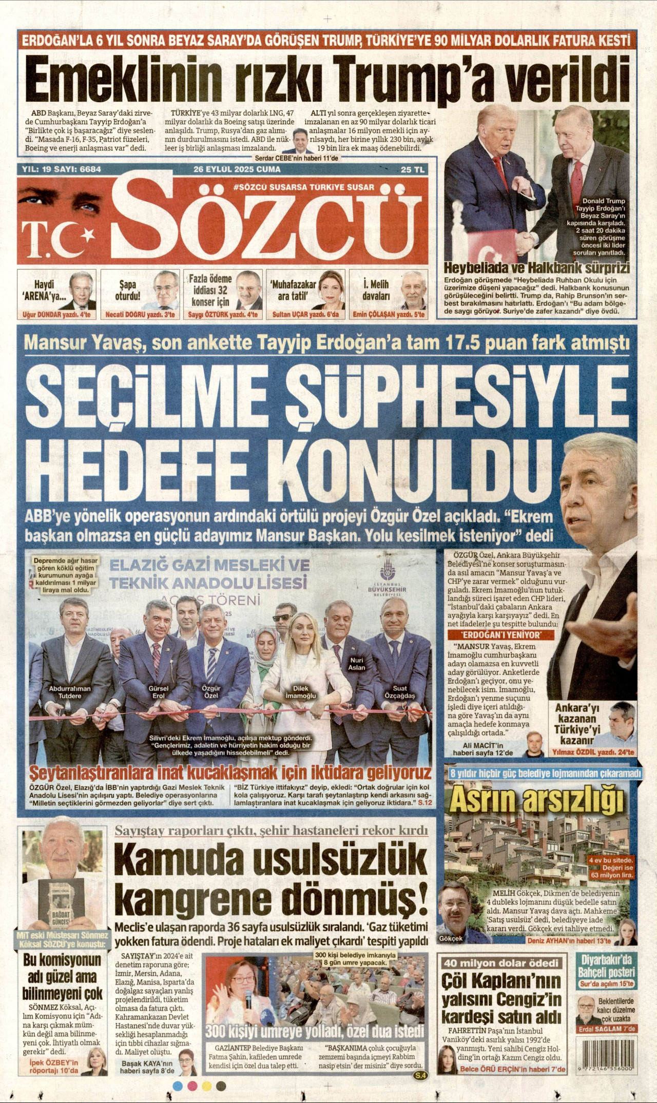 SÖZCÜ gazetesinin 26 Eylül 2025 tarihli birinci sayfası