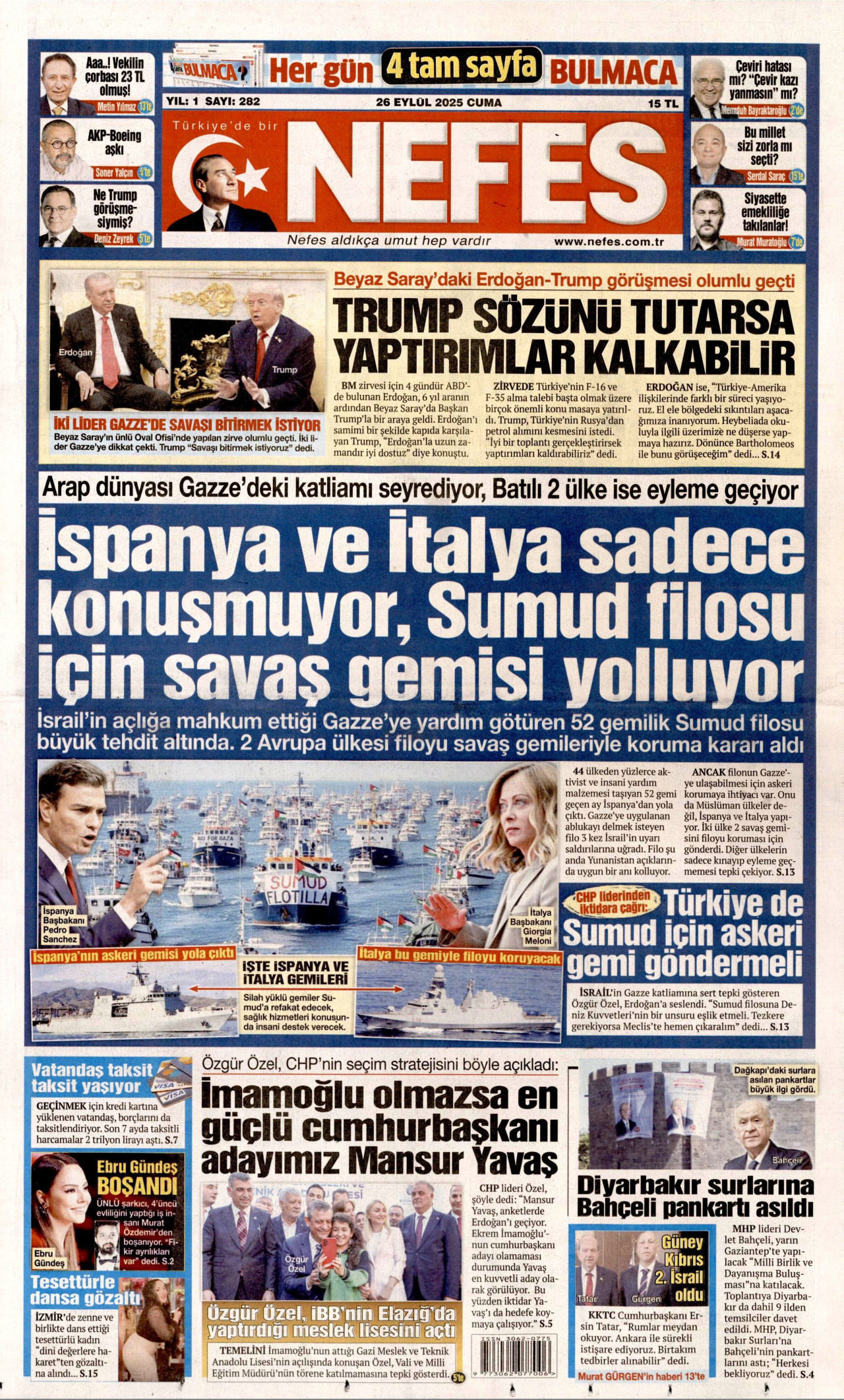 NEFES gazetesinin 26 Eylül 2025 tarihli birinci sayfası