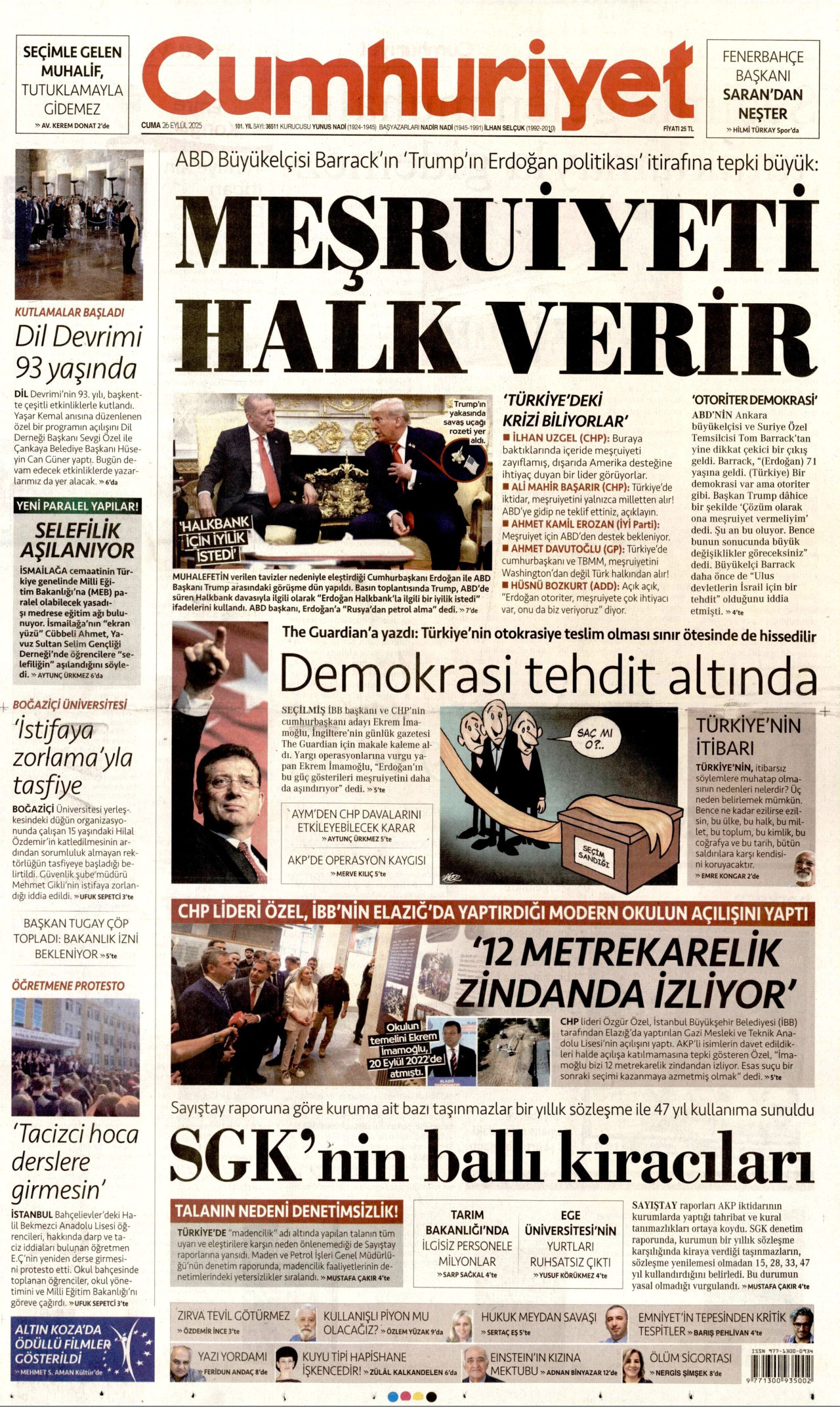CUMHURİYET gazetesinin 26 Eylül 2025 tarihli birinci sayfası