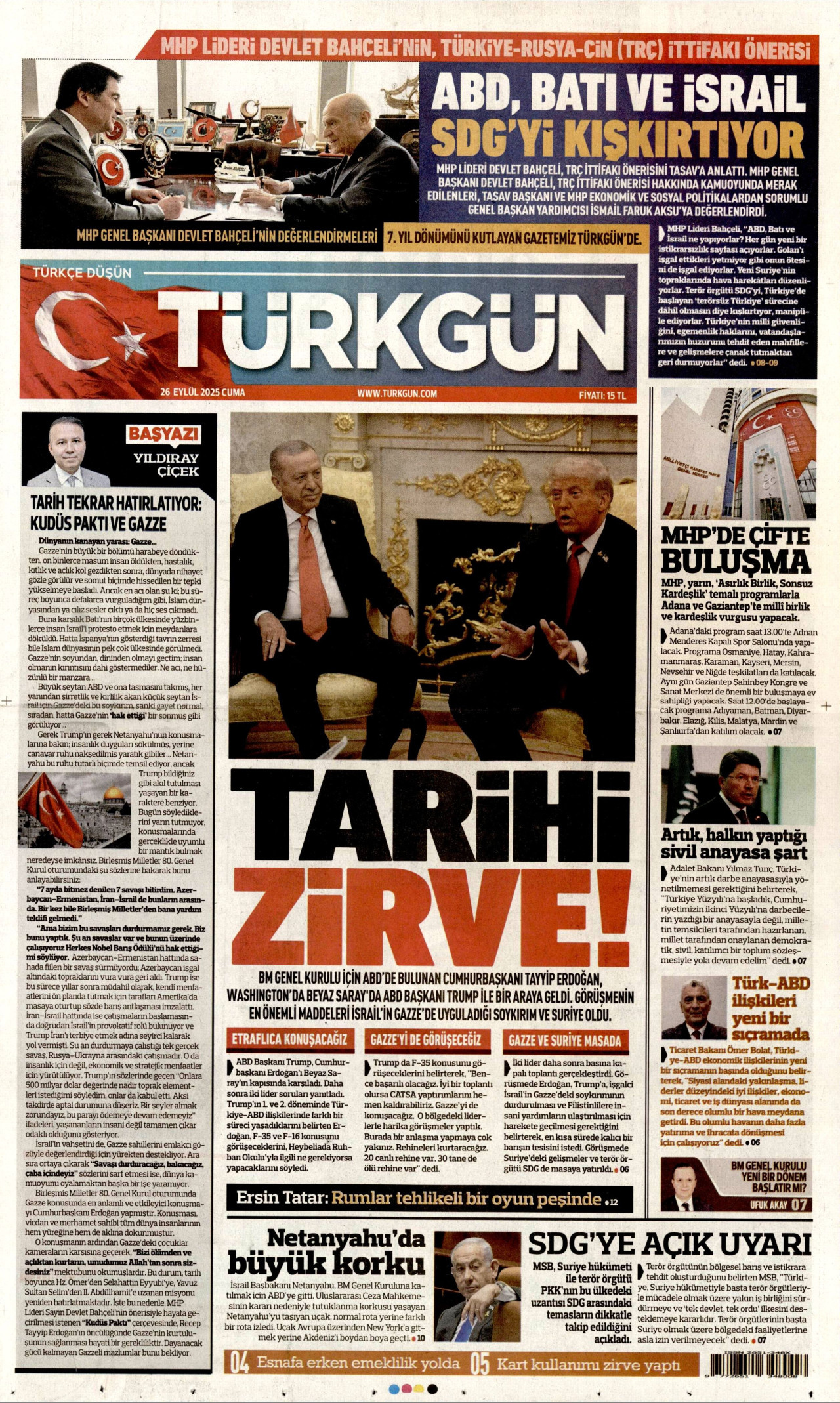 TÜRKGÜN gazetesinin 26 Eylül 2025 tarihli birinci sayfası