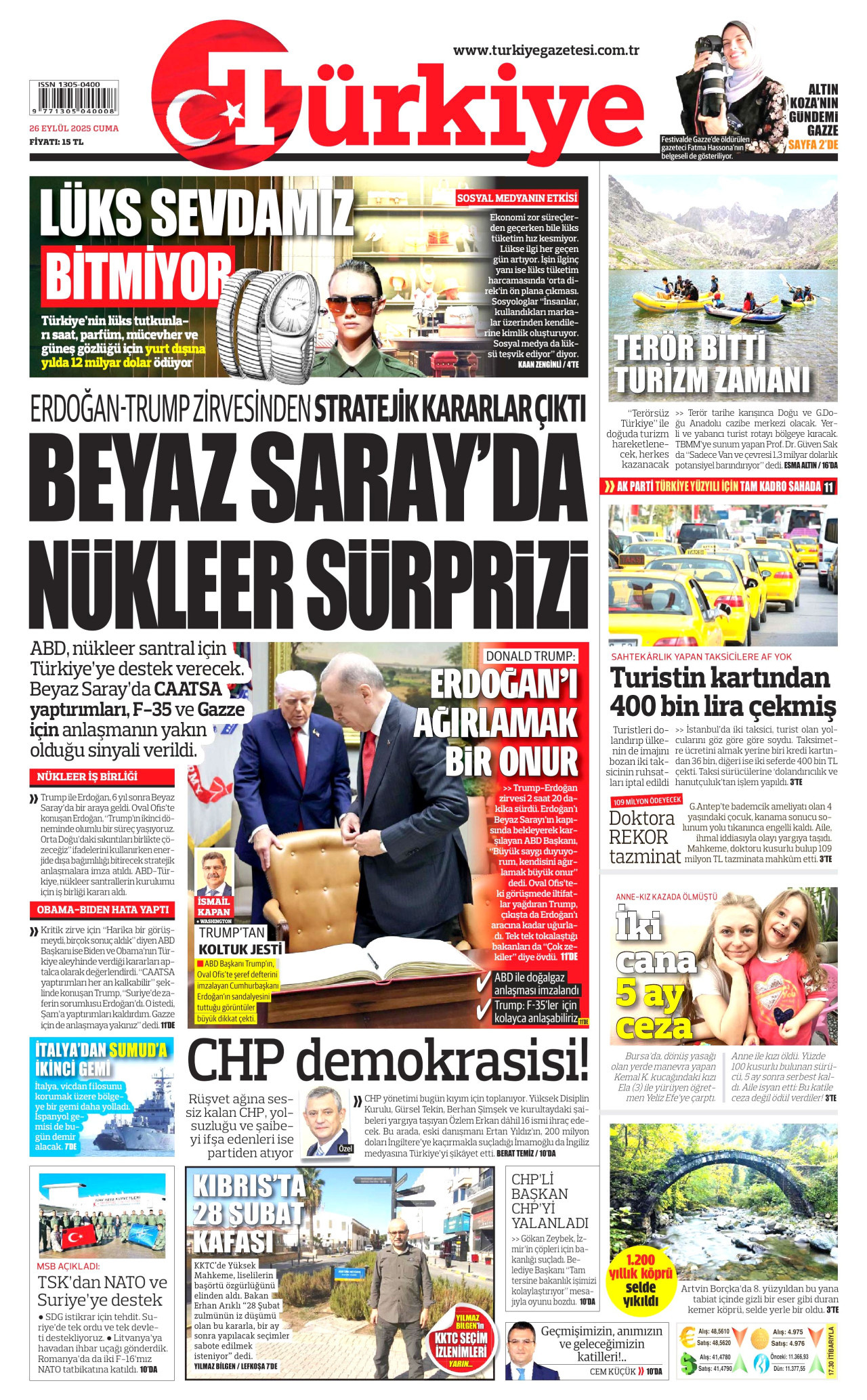 TÜRKİYE GAZETESİ gazetesinin 26 Eylül 2025 tarihli birinci sayfası
