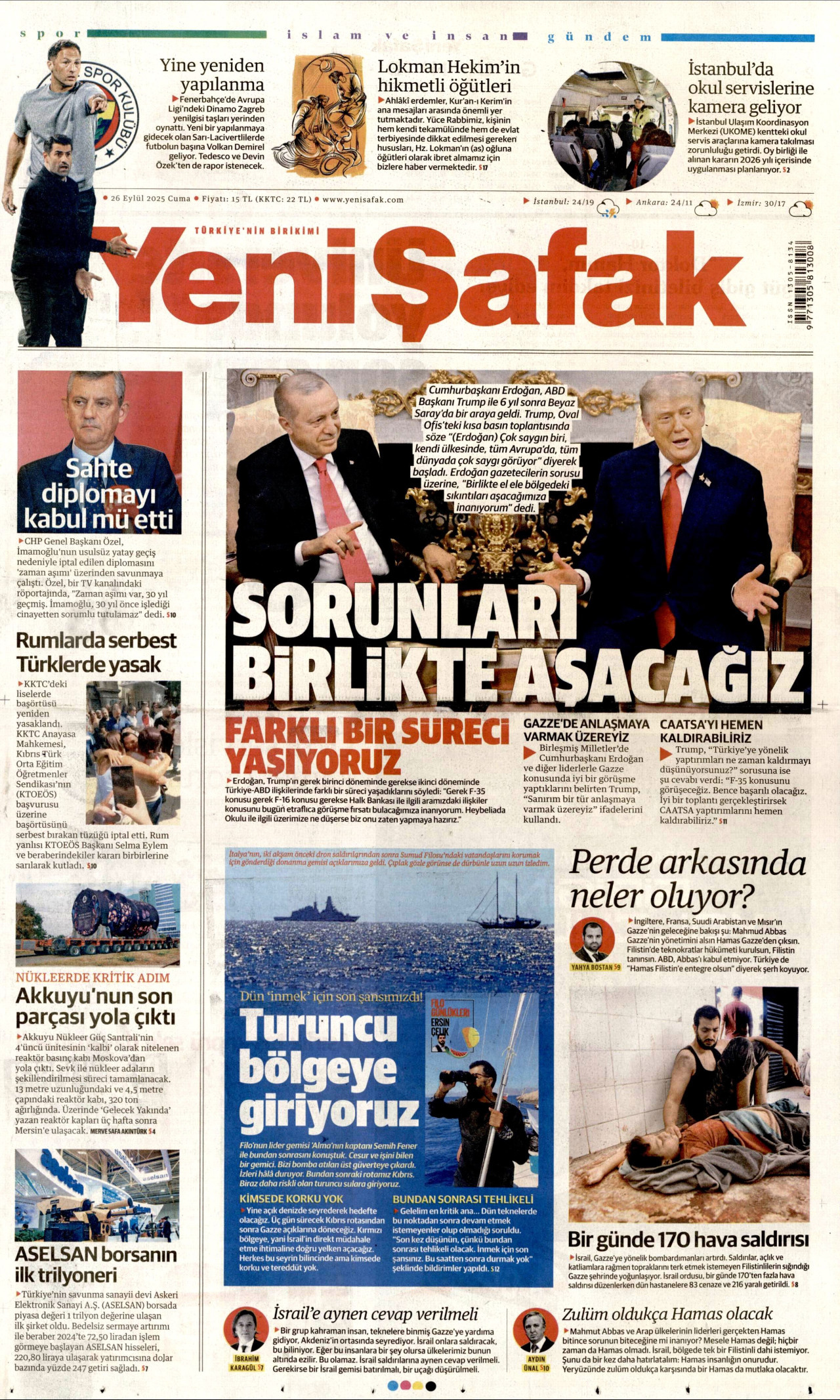 YENİ ŞAFAK gazetesinin 26 Eylül 2025 tarihli birinci sayfası
