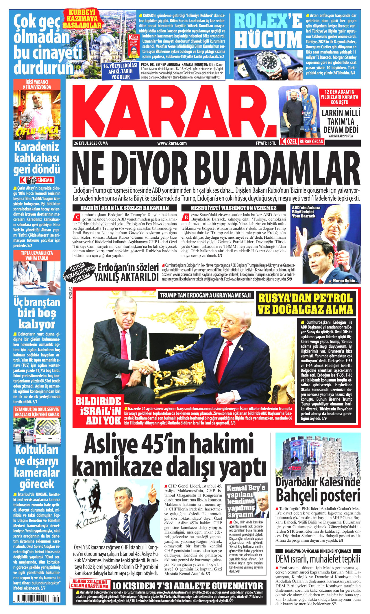 KARAR gazetesinin 26 Eylül 2025 tarihli birinci sayfası