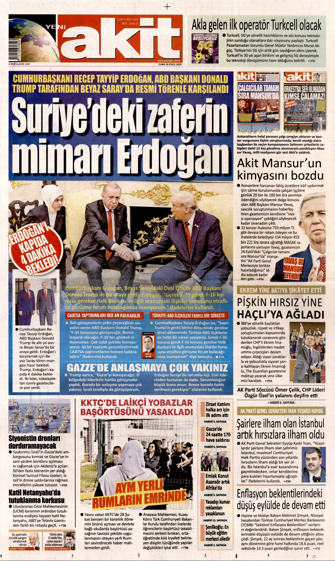 YENİ AKİT gazetesinin 26 Eylül 2025 tarihli birinci sayfası