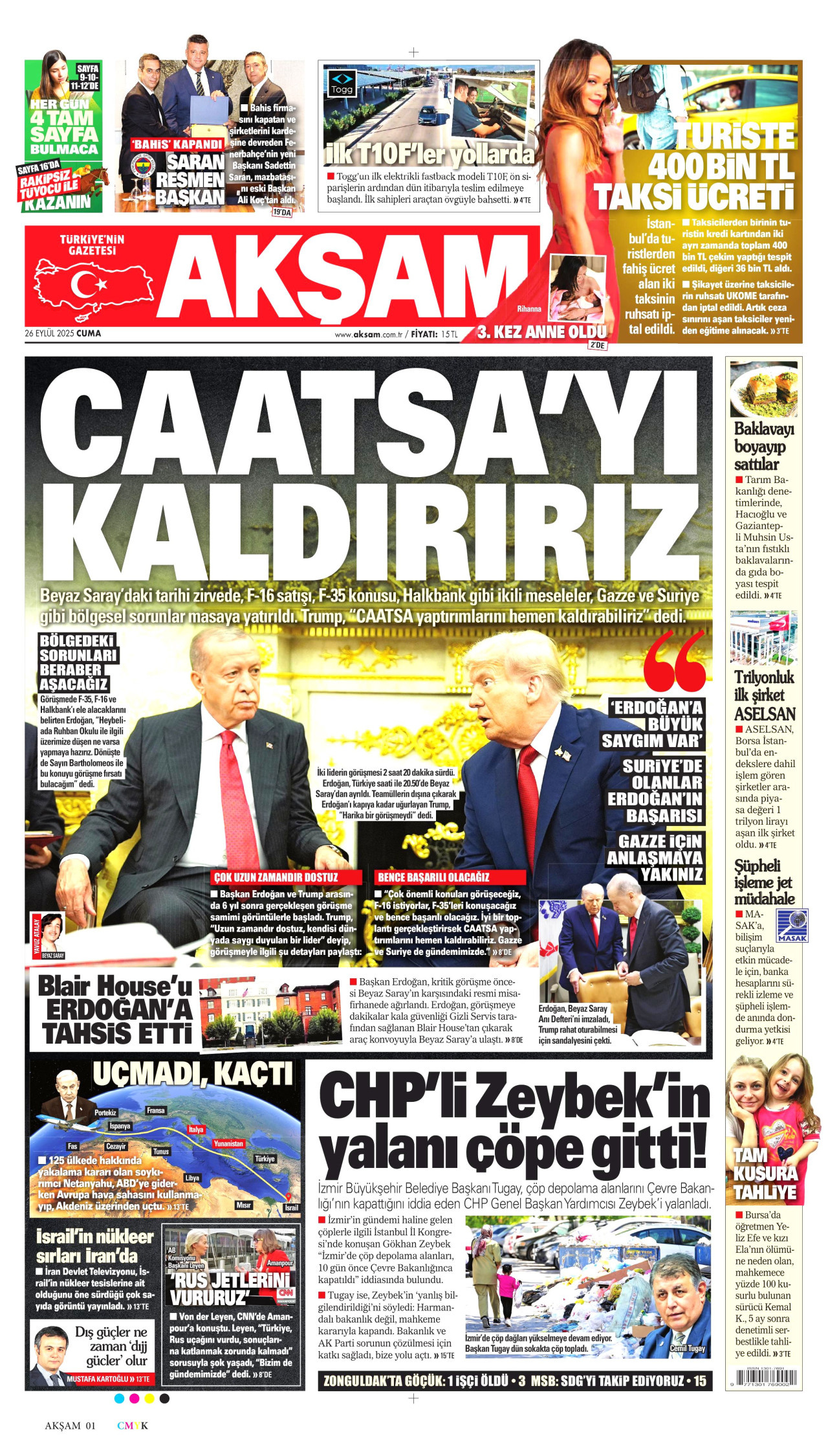 AKŞAM gazetesinin 26 Eylül 2025 tarihli birinci sayfası