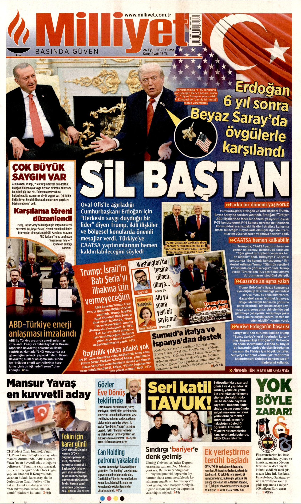 MİLLİYET gazetesinin 26 Eylül 2025 tarihli birinci sayfası