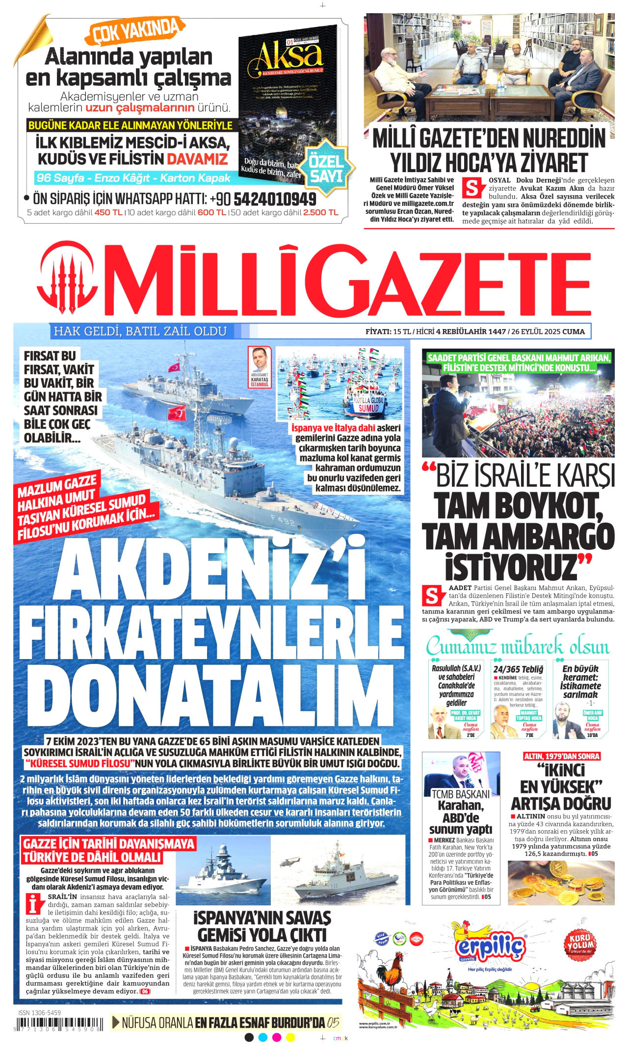 MİLLİ GAZETE gazetesinin 26 Eylül 2025 tarihli birinci sayfası