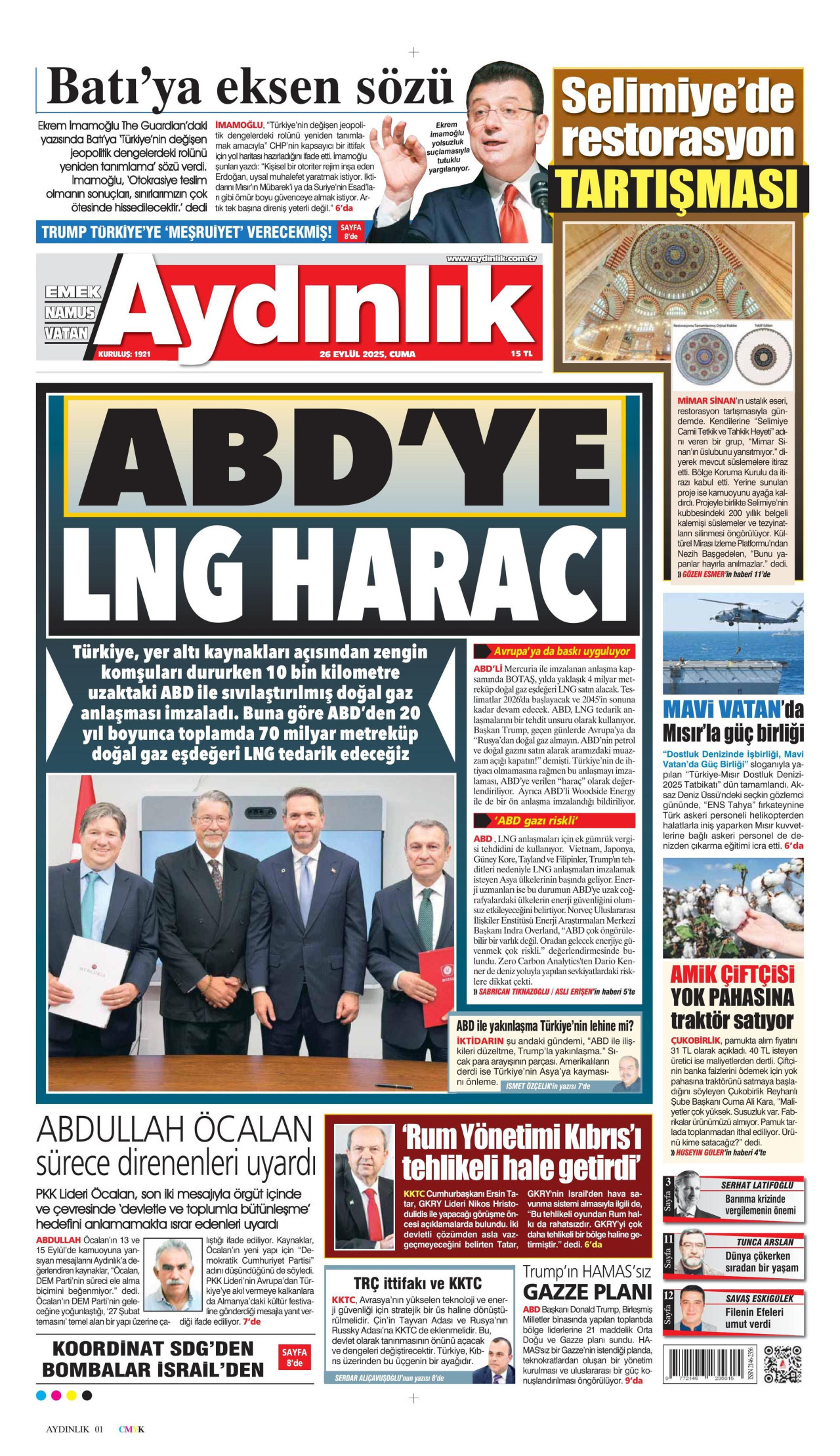 AYDINLIK GAZETESİ gazetesinin 26 Eylül 2025 tarihli birinci sayfası