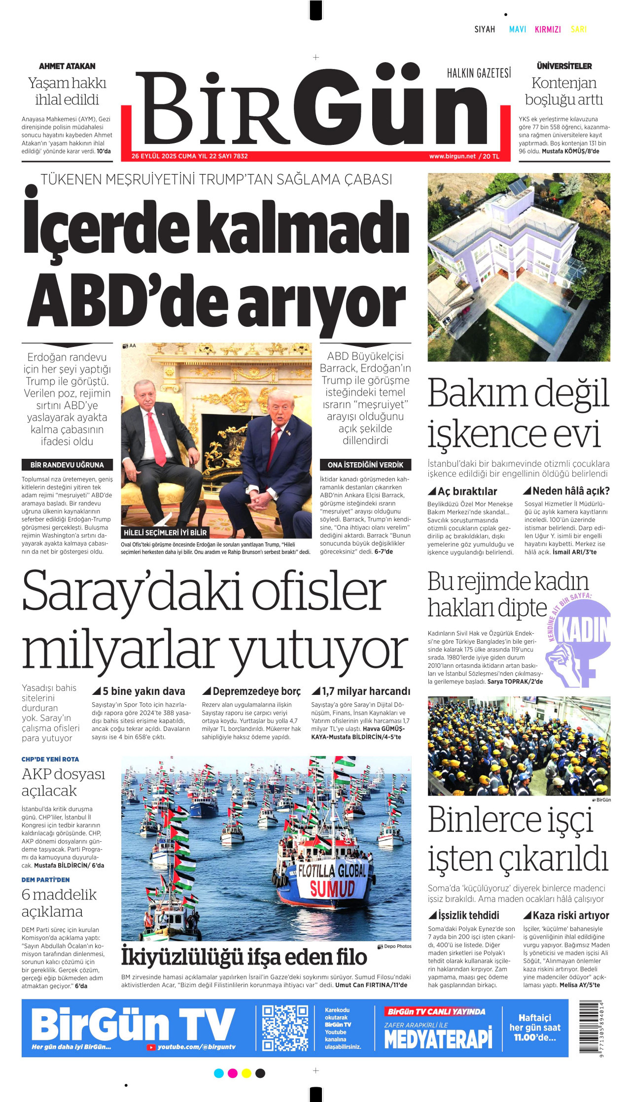 BİRGÜN gazetesinin 26 Eylül 2025 tarihli birinci sayfası