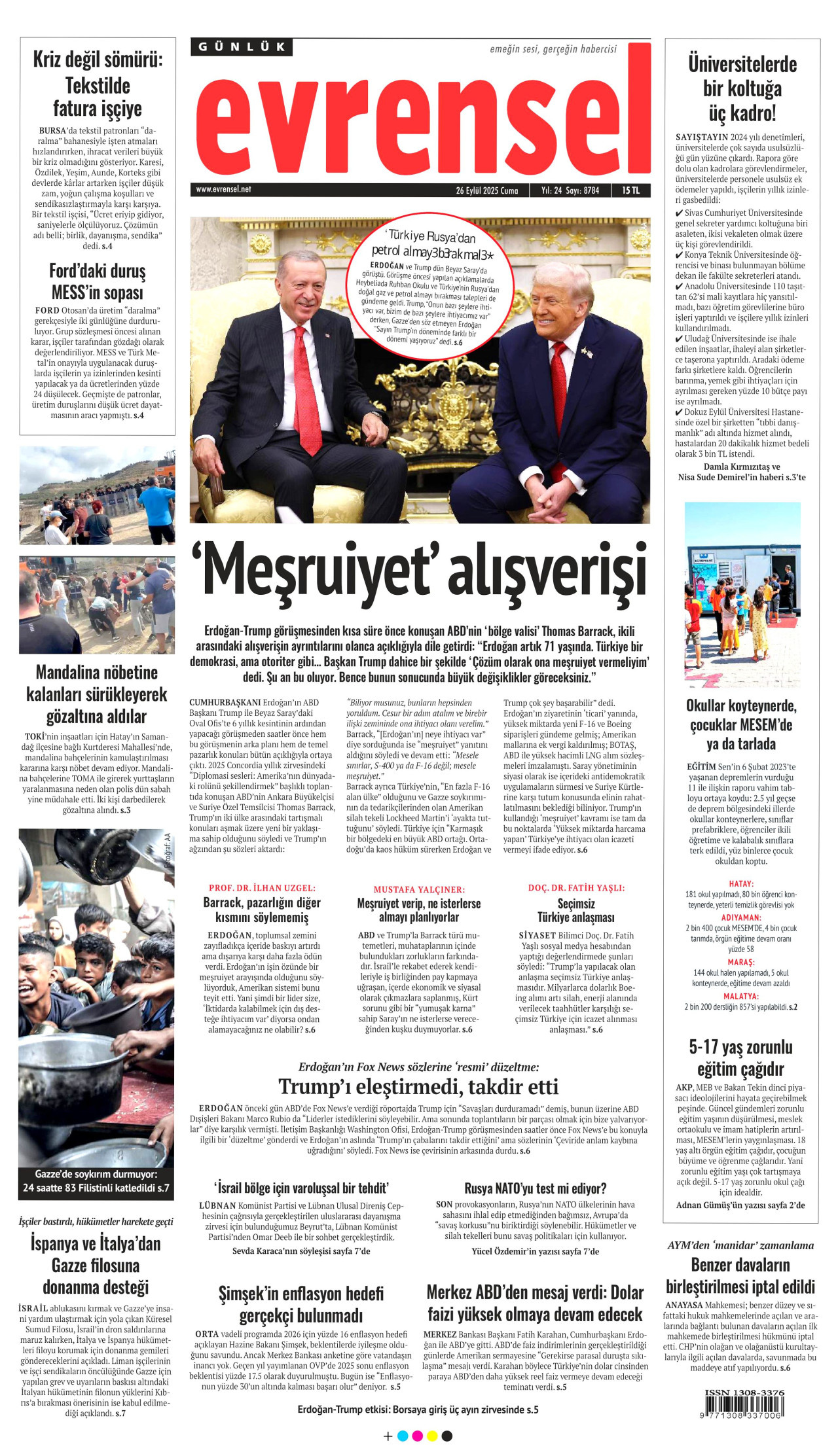 EVRENSEL gazetesinin 26 Eylül 2025 tarihli birinci sayfası