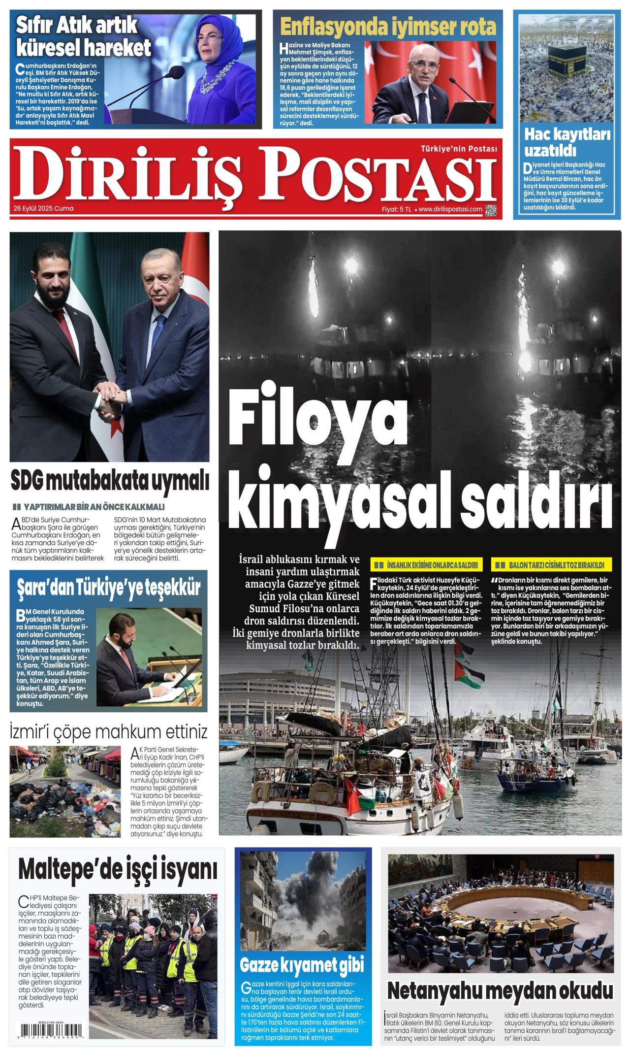 DİRİLİŞ POSTASI gazetesinin 26 Eylül 2025 tarihli birinci sayfası