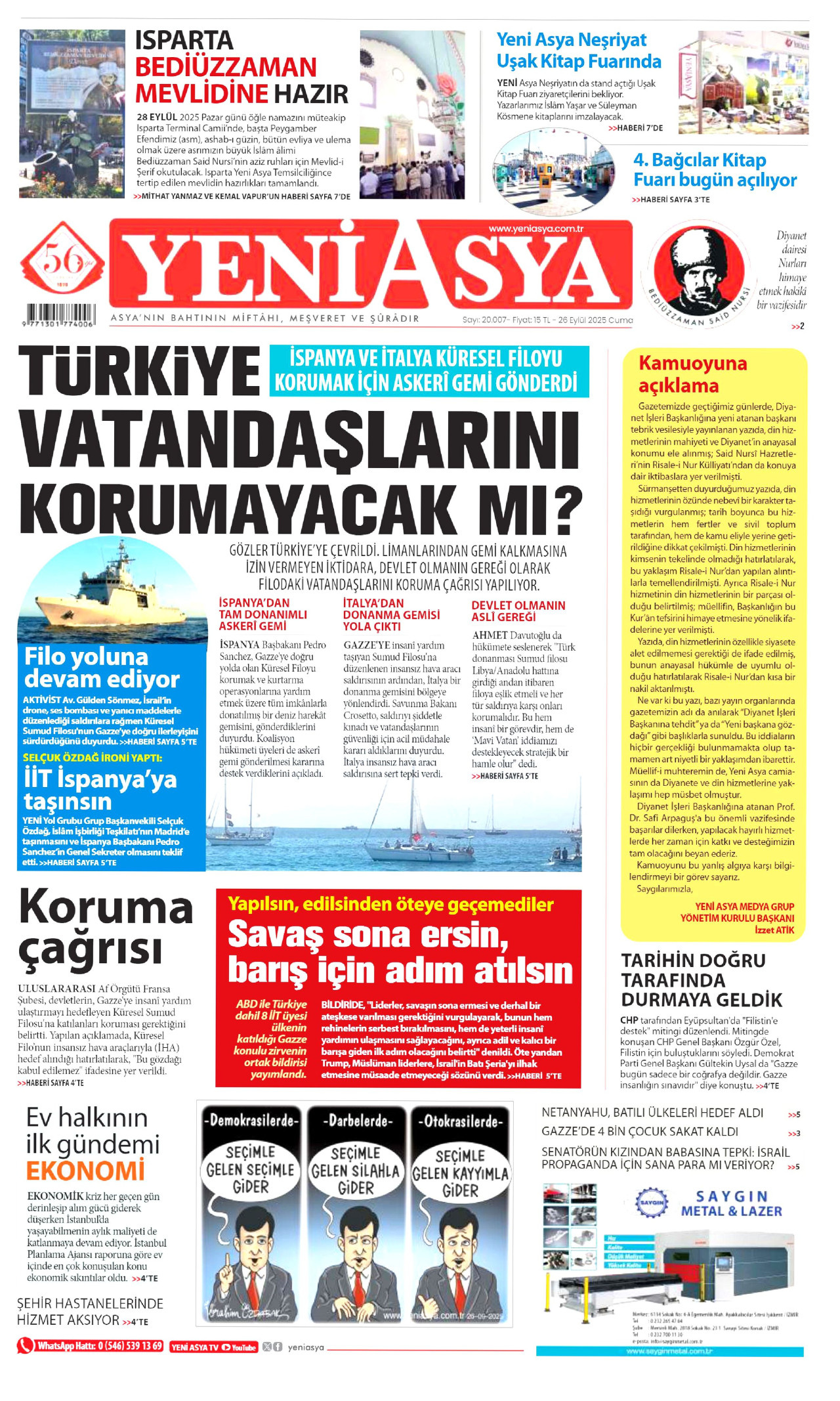 YENİ ASYA gazetesinin 26 Eylül 2025 tarihli birinci sayfası