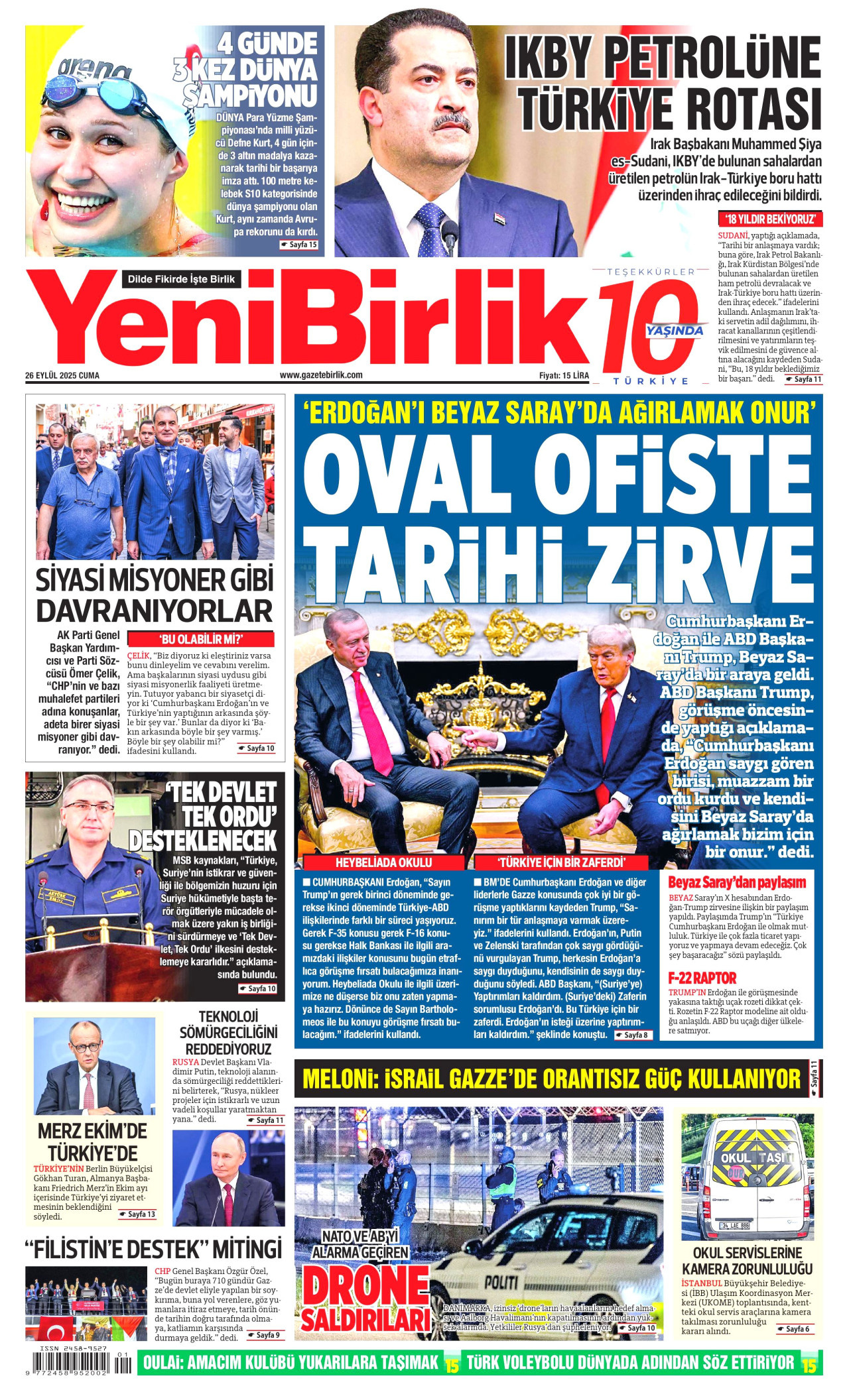 YENİBİRLİK gazetesinin 26 Eylül 2025 tarihli birinci sayfası