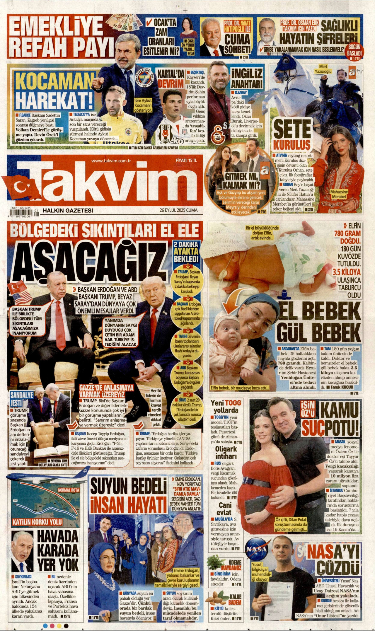 TAKVİM gazetesinin 26 Eylül 2025 tarihli birinci sayfası