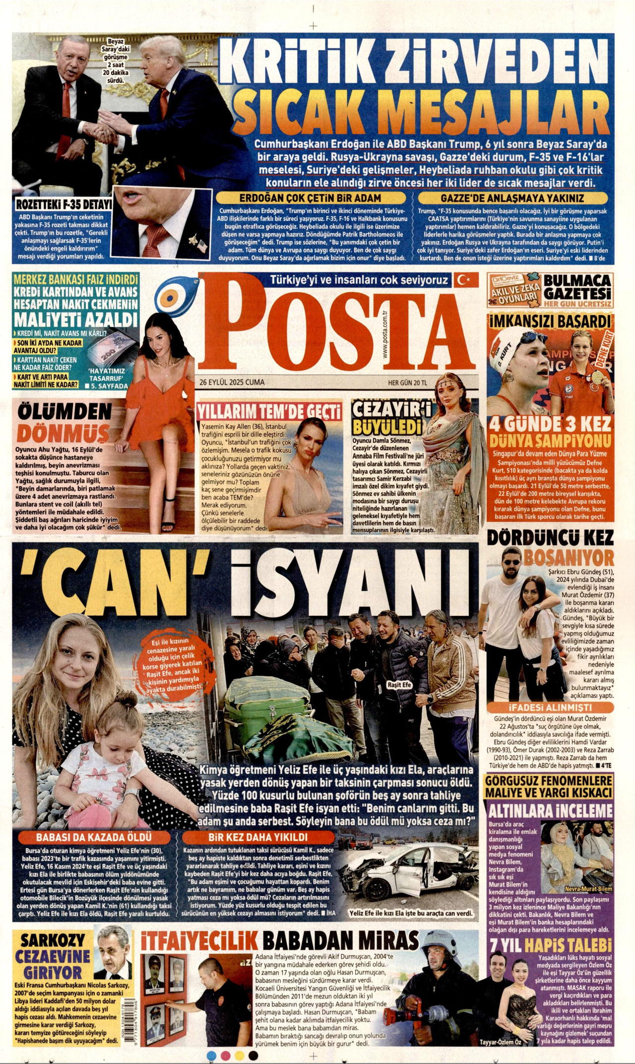 POSTA gazetesinin 26 Eylül 2025 tarihli birinci sayfası