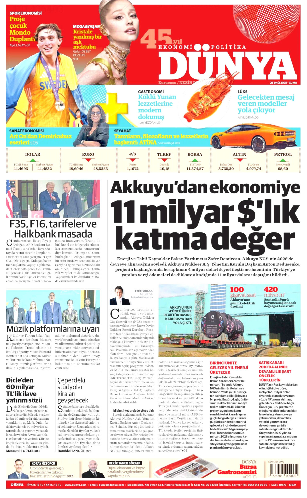 DÜNYA gazetesinin 26 Eylül 2025 tarihli birinci sayfası