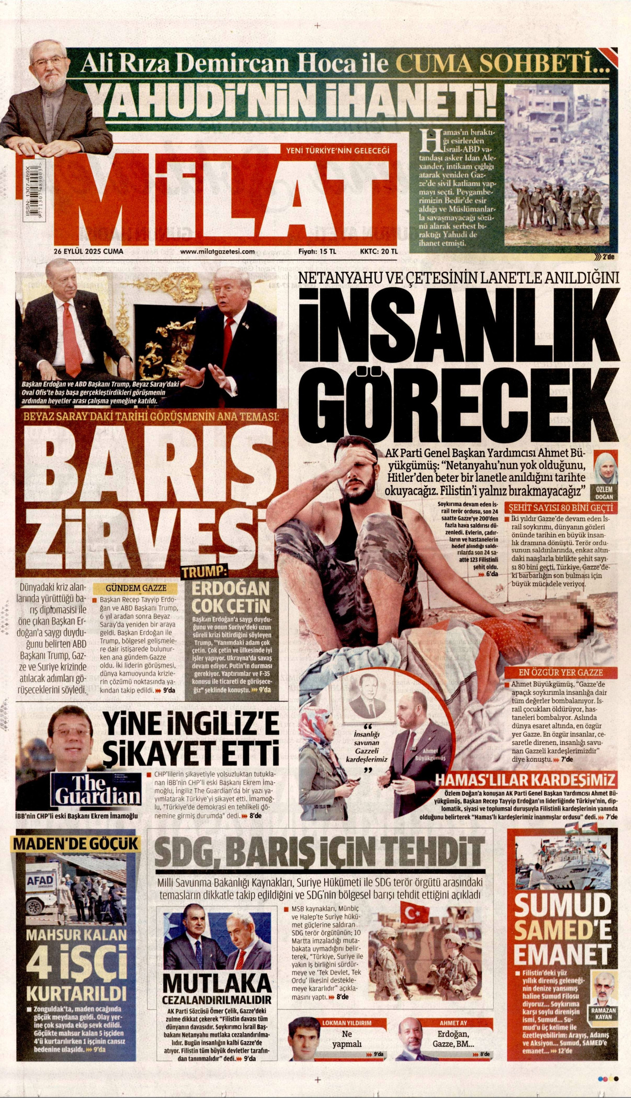 MİLAT gazetesinin 26 Eylül 2025 tarihli birinci sayfası