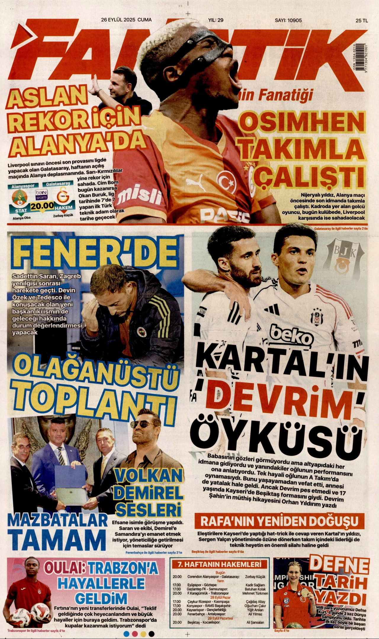 FANATİK gazetesinin 26 Eylül 2025 tarihli birinci sayfası