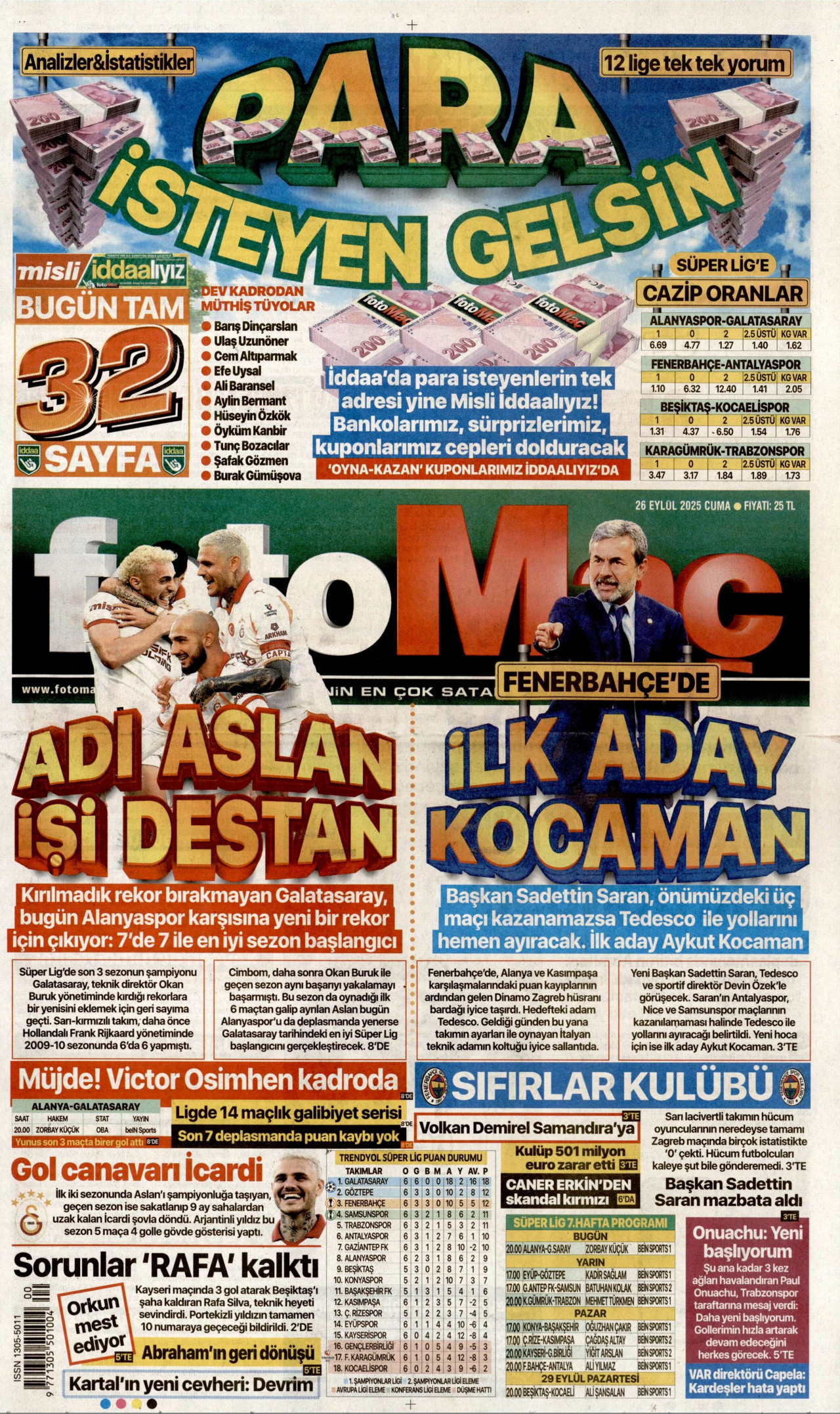 FOTOMAÇ gazetesinin 26 Eylül 2025 tarihli birinci sayfası