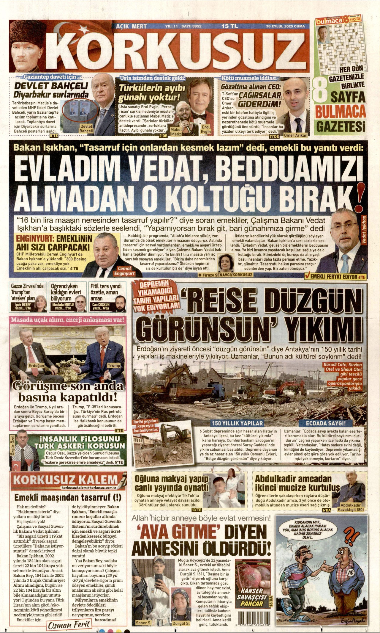 KORKUSUZ gazetesinin 26 Eylül 2025 tarihli birinci sayfası