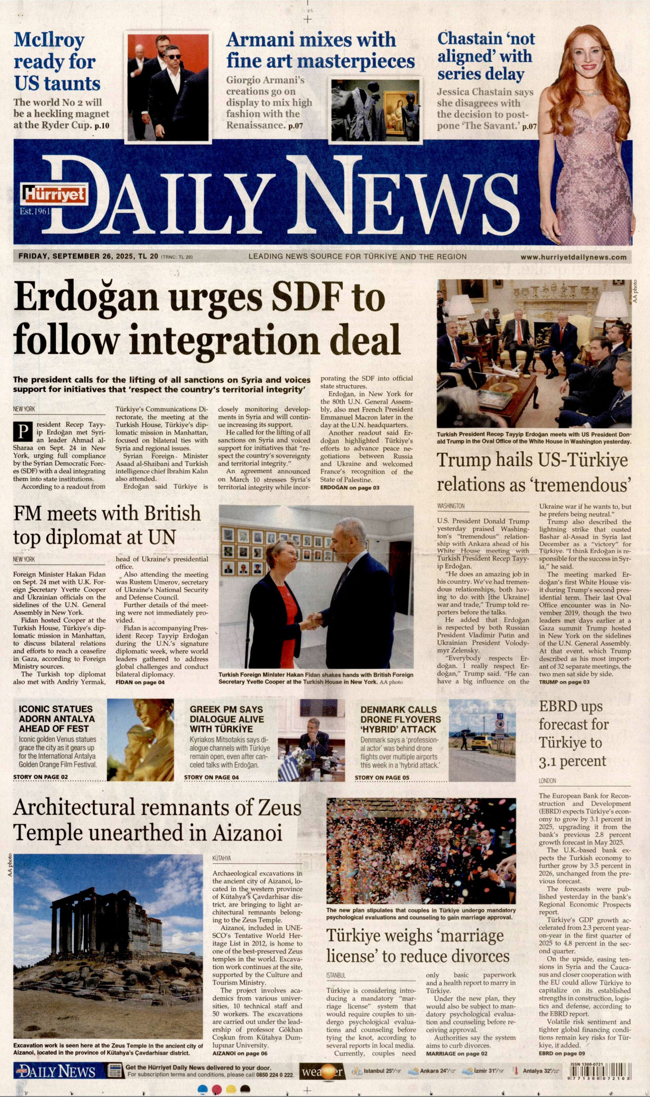 HÜRRİYET DAİLY NEWS gazetesinin 26 Eylül 2025 tarihli birinci sayfası