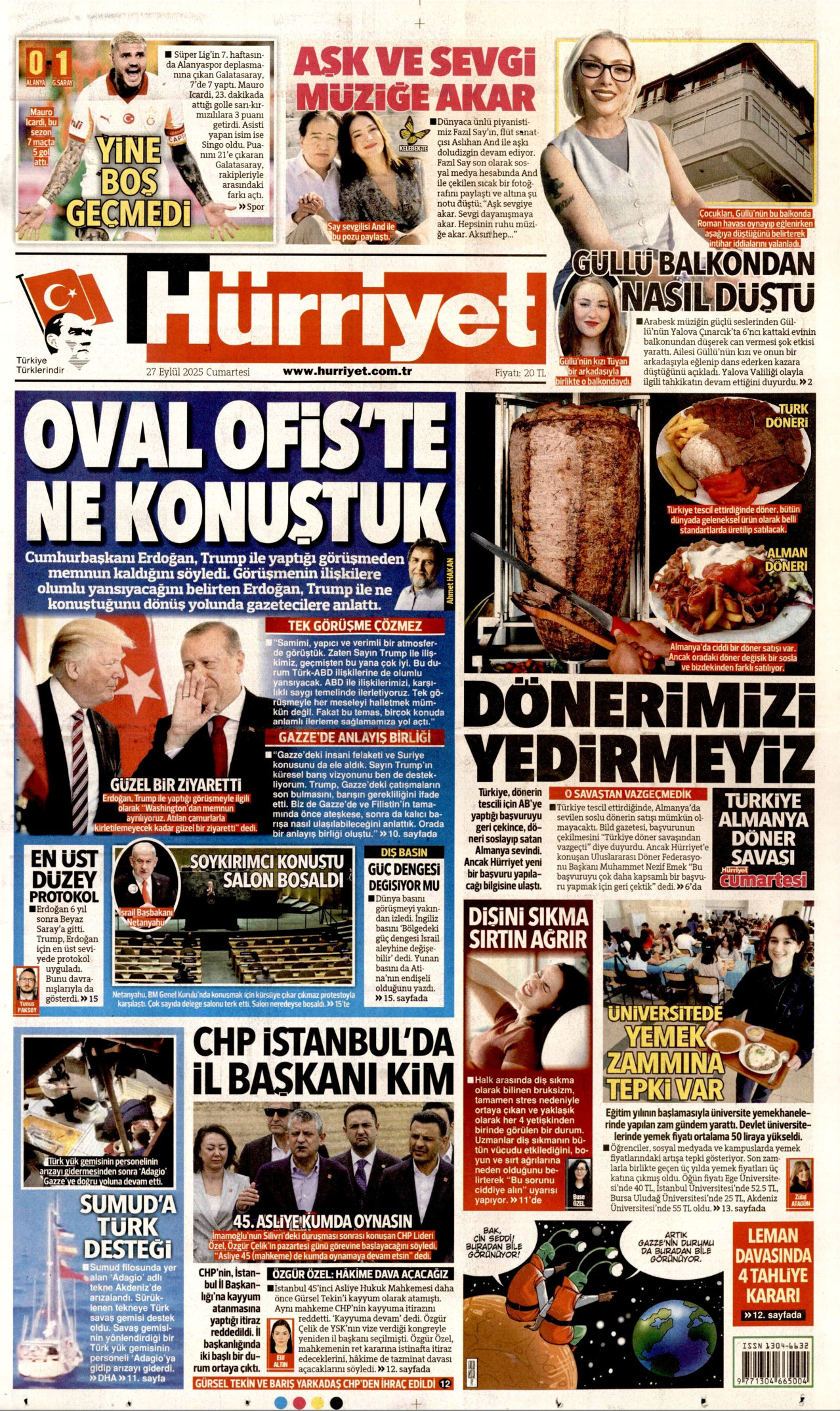 HÜRRİYET gazetesinin 27 Eylül 2025 tarihli birinci sayfası